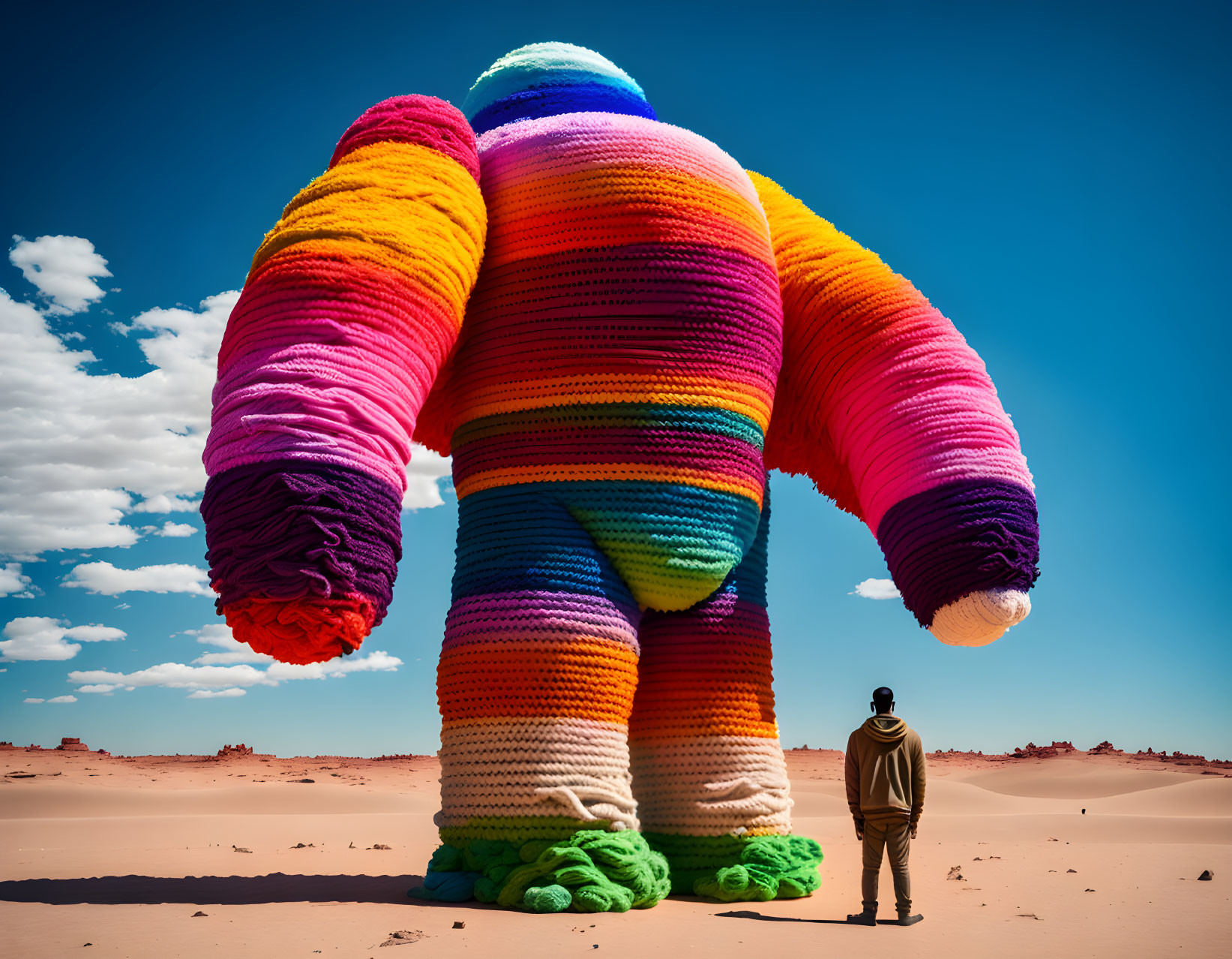 Vivid yarn-like figure in desert landscape