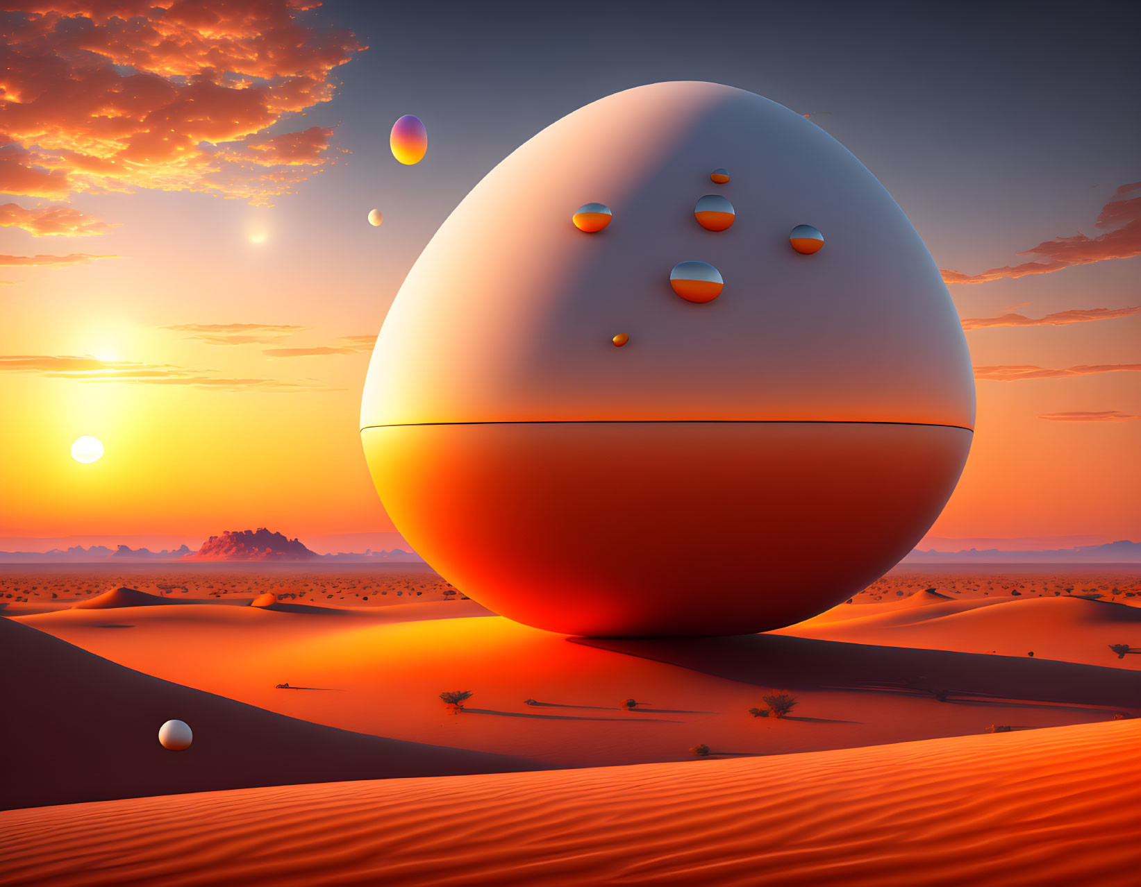 Surreal landscape with orange orb and floating orbs above sand dunes