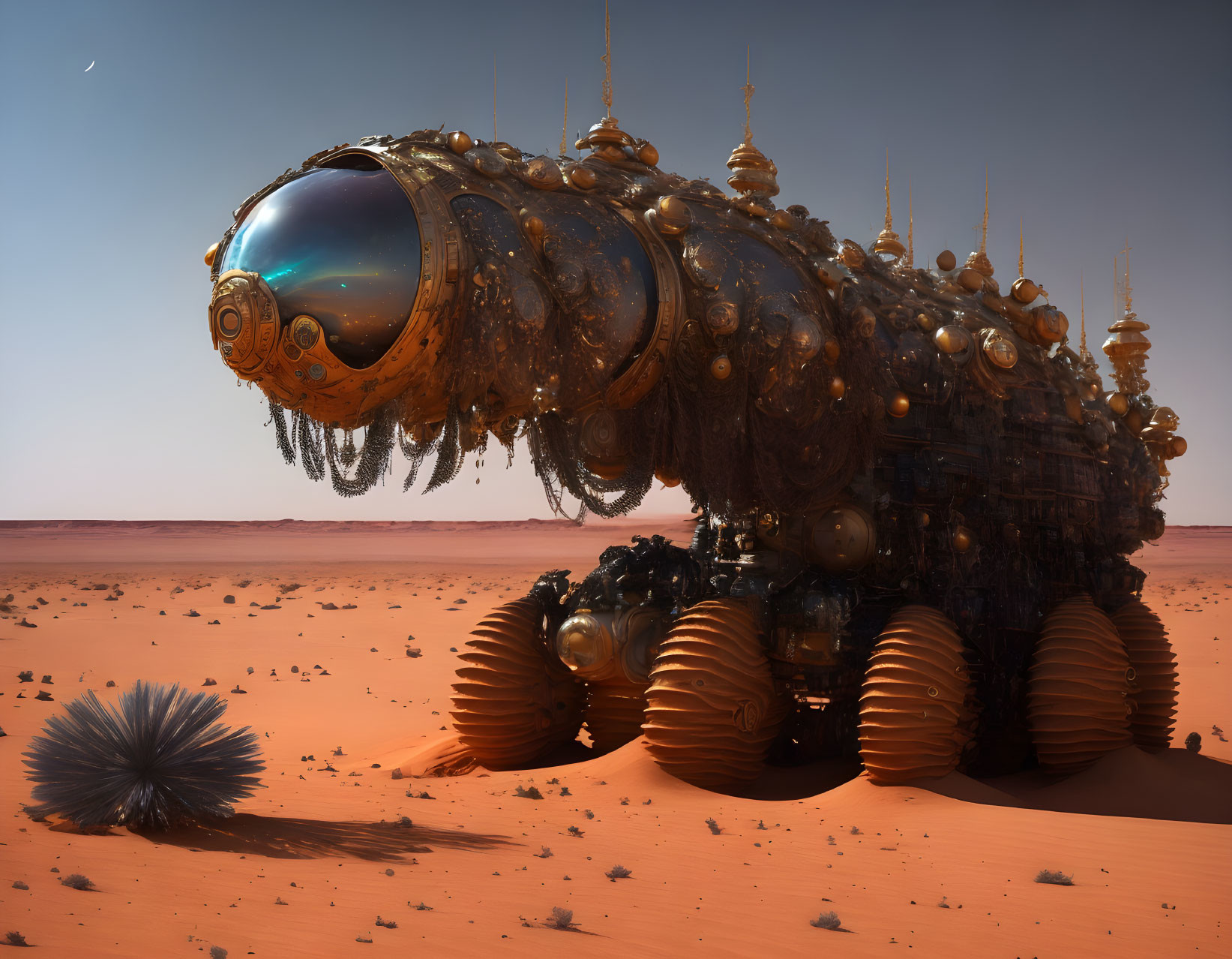 Steampunk-style mechanical creature in desert under crescent moon