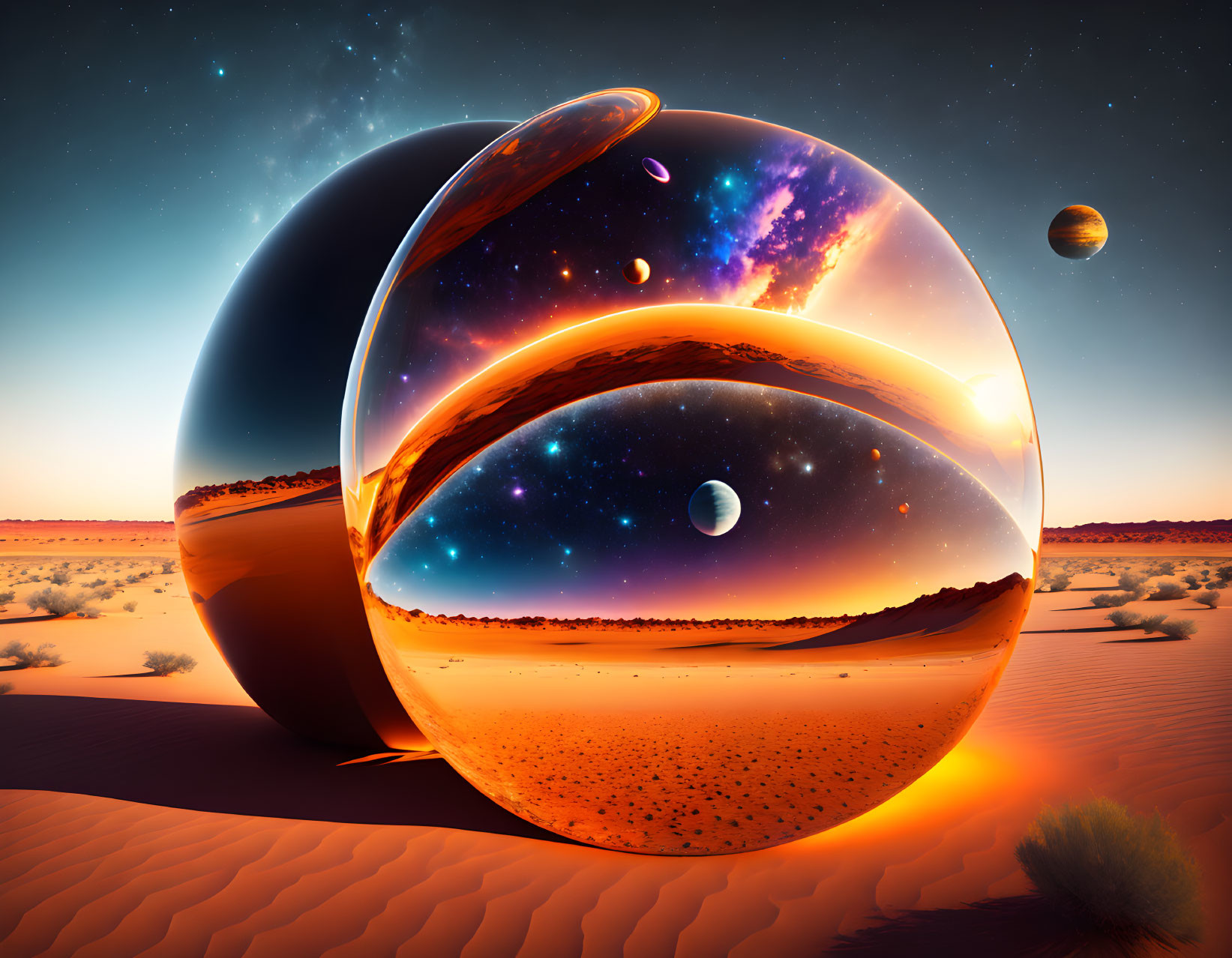 Surreal glossy sphere reflects cosmic sky over desert landscape