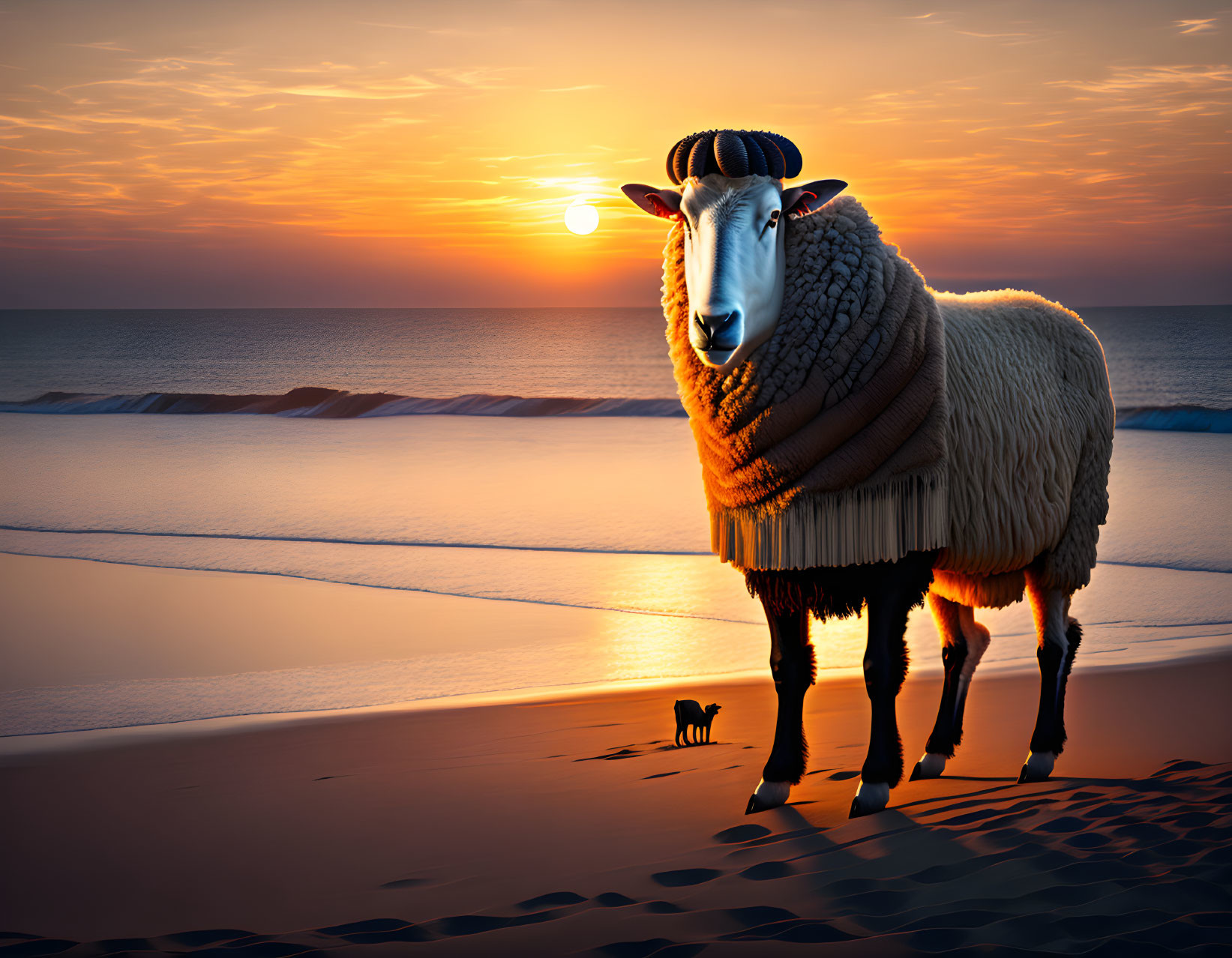 Sheep in scarf on beach at sunset with cat silhouette