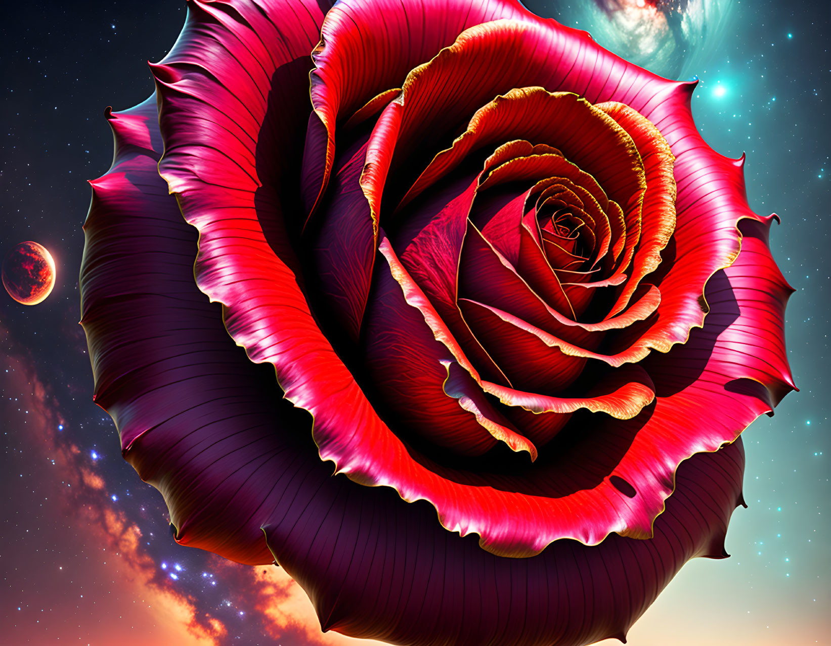 Digital artwork: Large red rose in cosmic setting