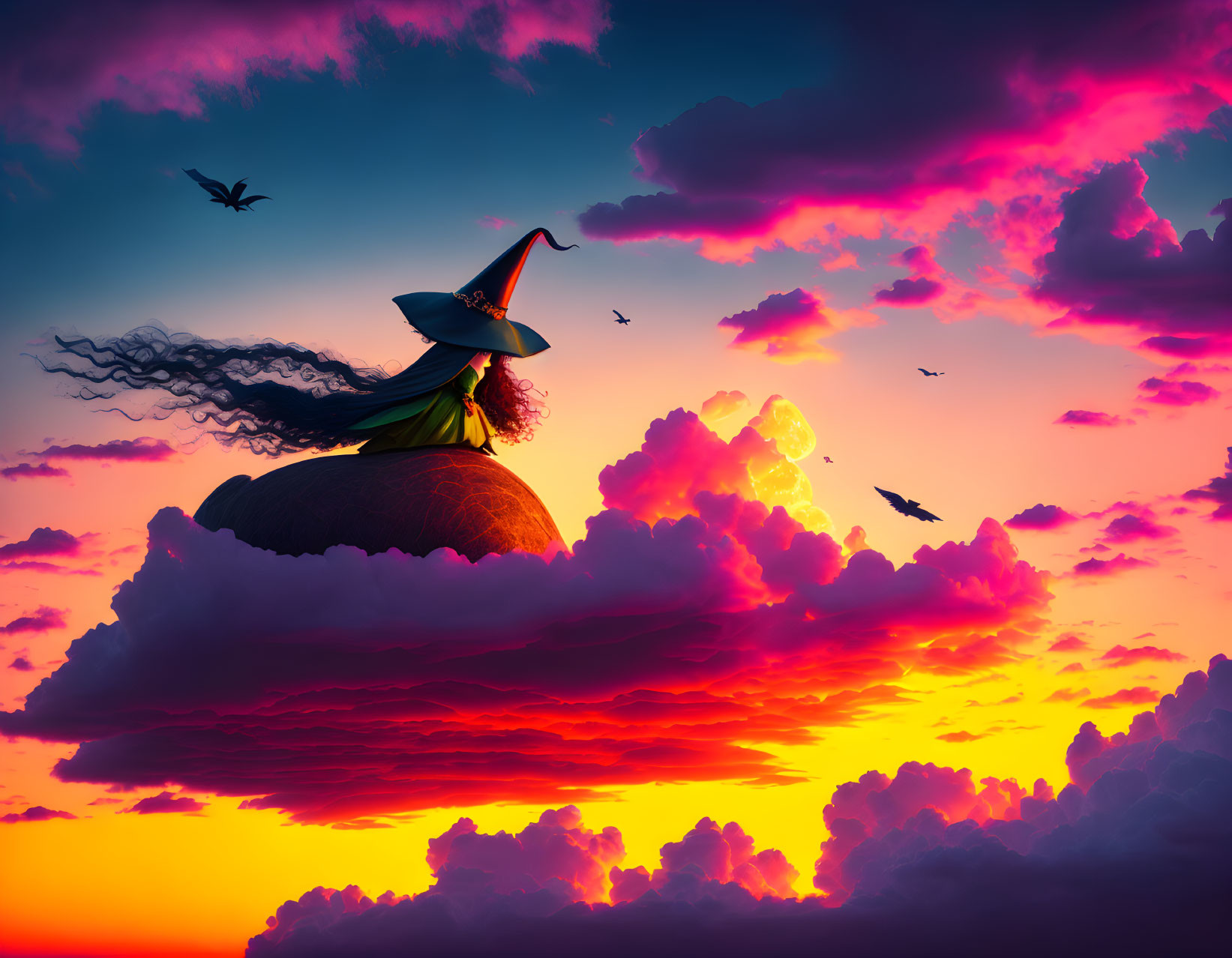 Witch on pumpkin in sky with birds at sunset