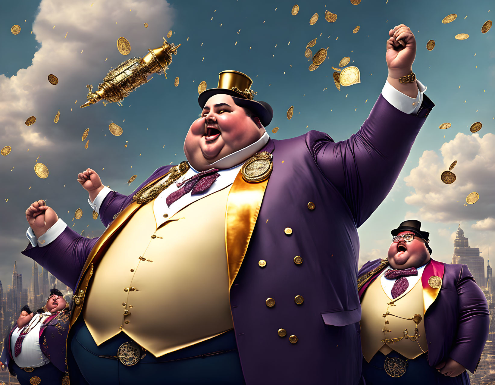 Rotund men in formal attire with coins raining, golden rocket soaring.