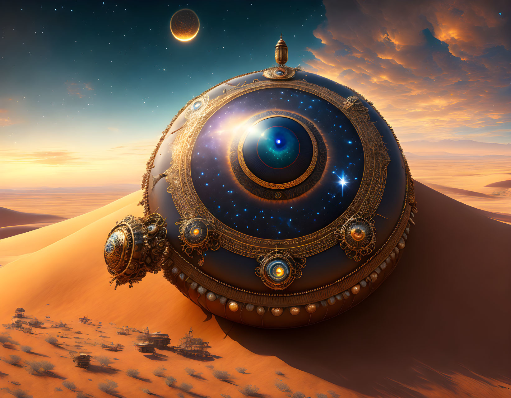 Steampunk-inspired celestial orb in desert landscape