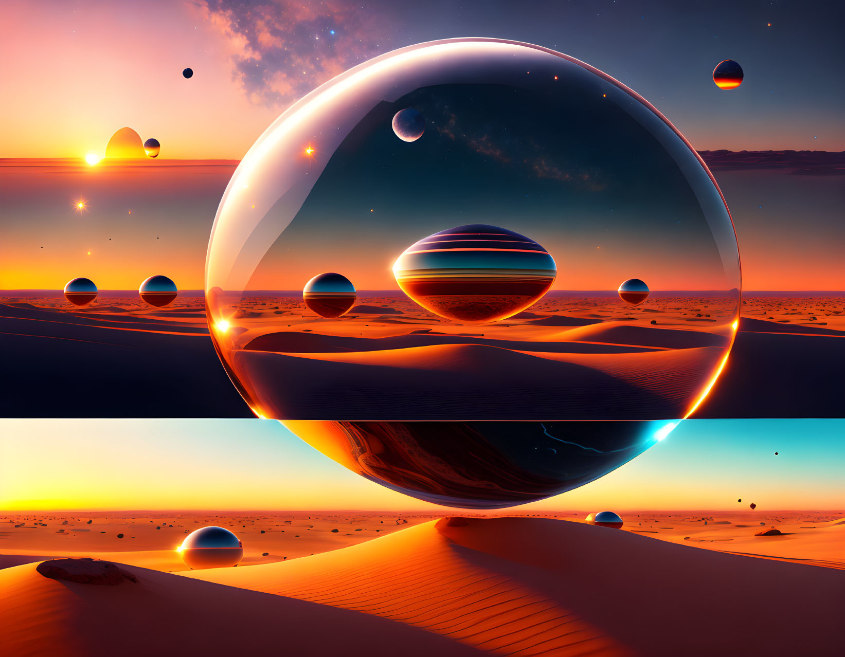 Surreal landscape with transparent spheres reflecting desert sunset