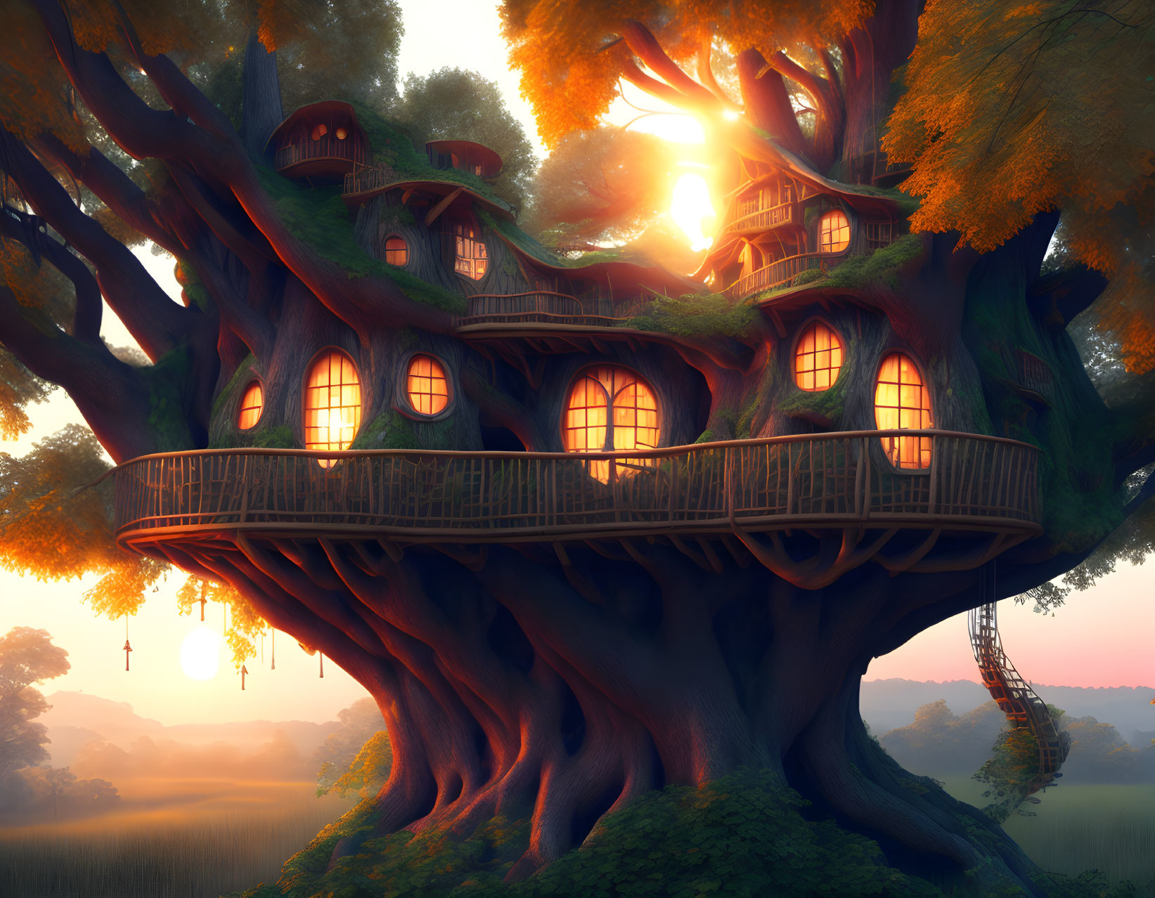 Multi-level treehouse with warm lit windows in lush forest at sunset