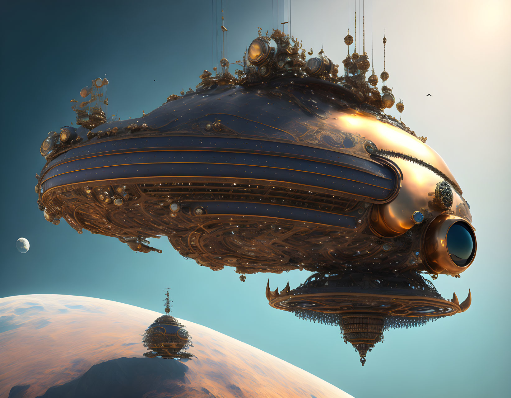 Ornate steampunk-style airship above planet with intricate details