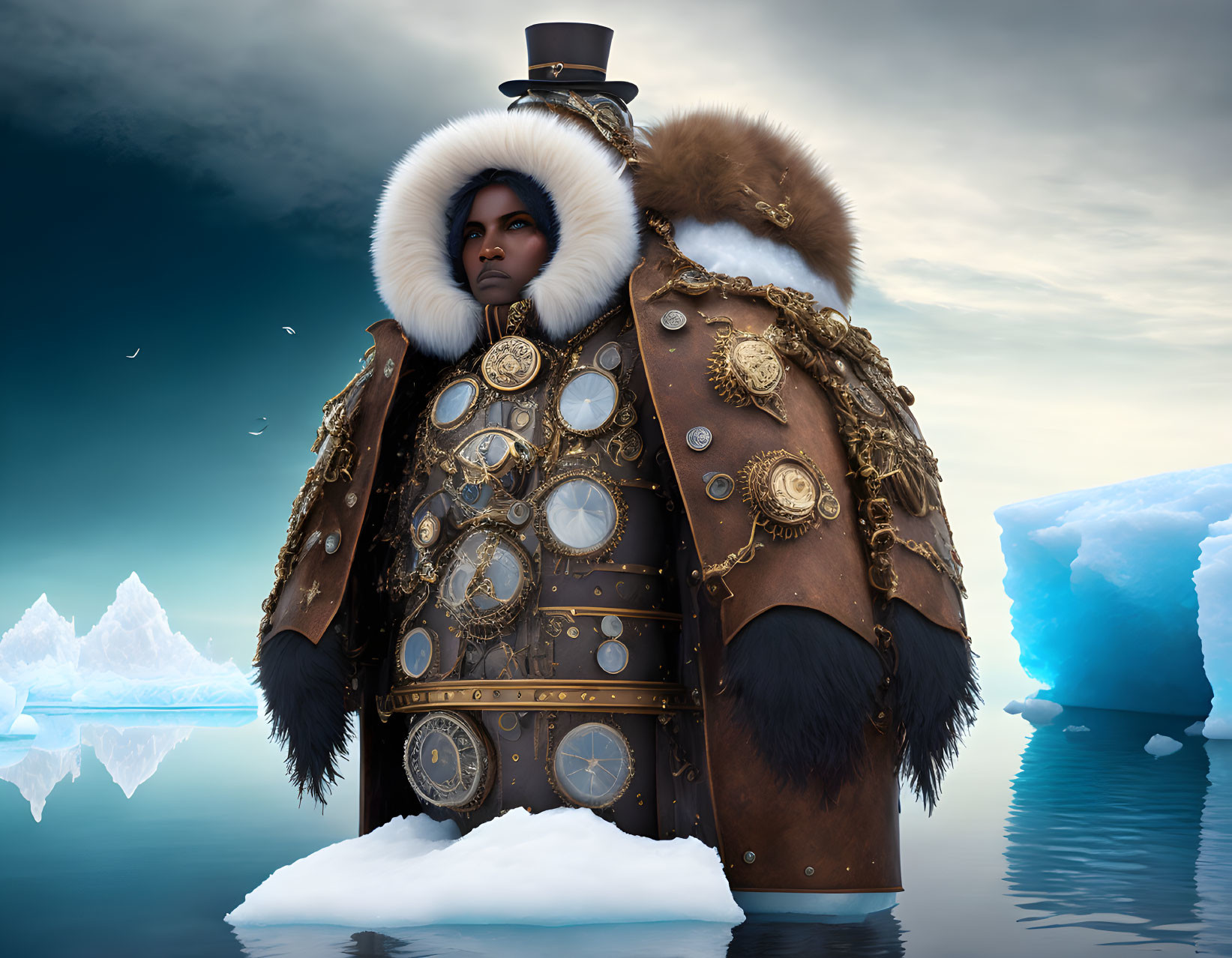 Regal figure in steampunk coat on ice floe