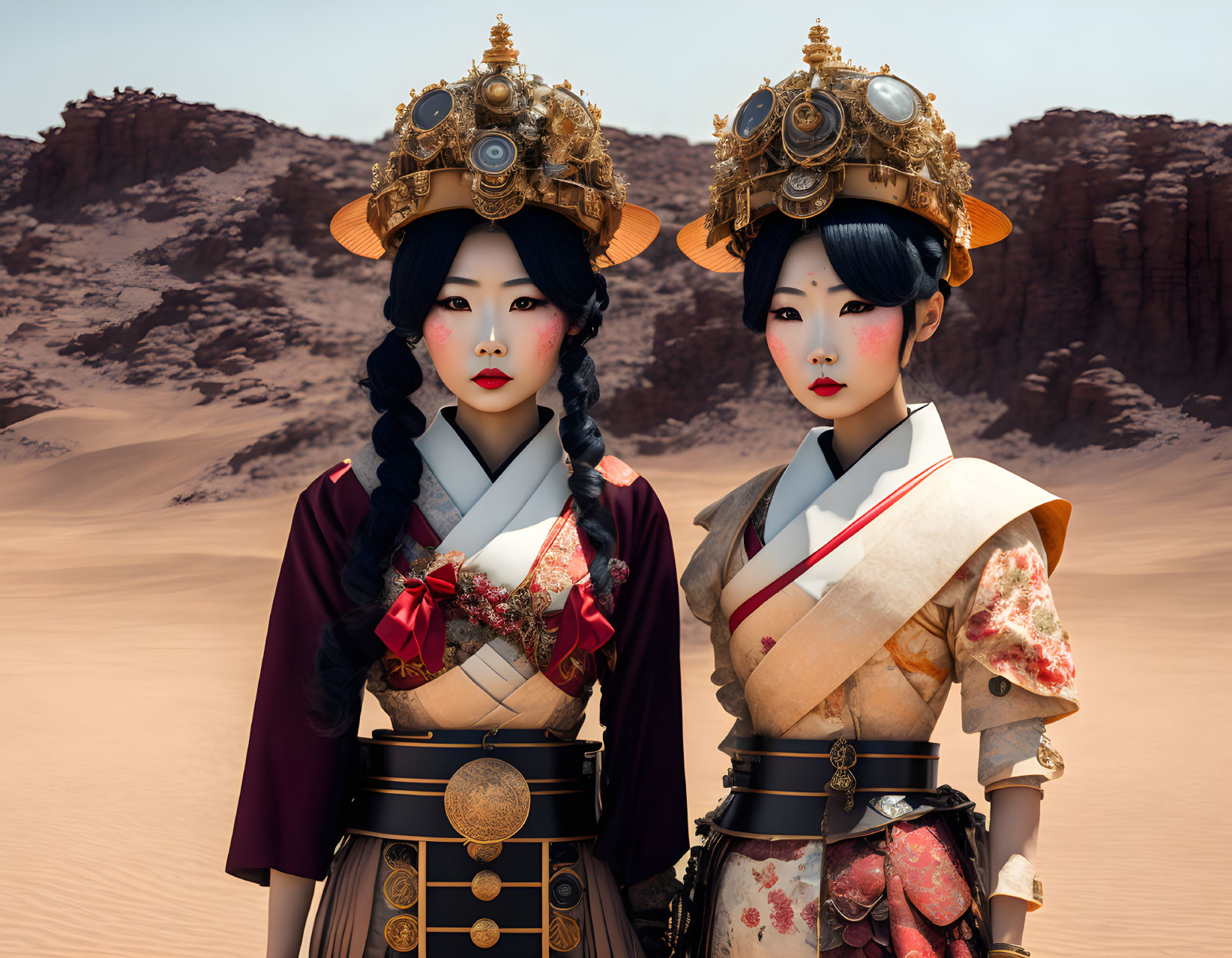 Two women in ornate traditional attire against desert backdrop