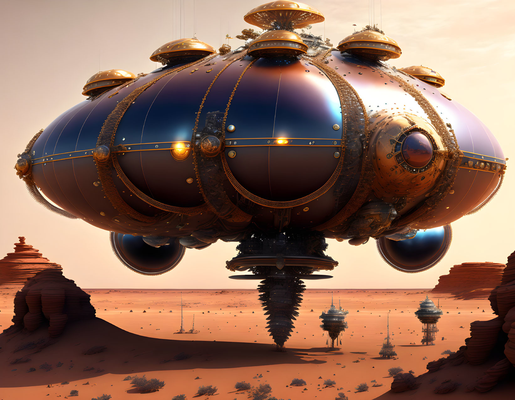 Futuristic metallic airship above desert with golden detailing