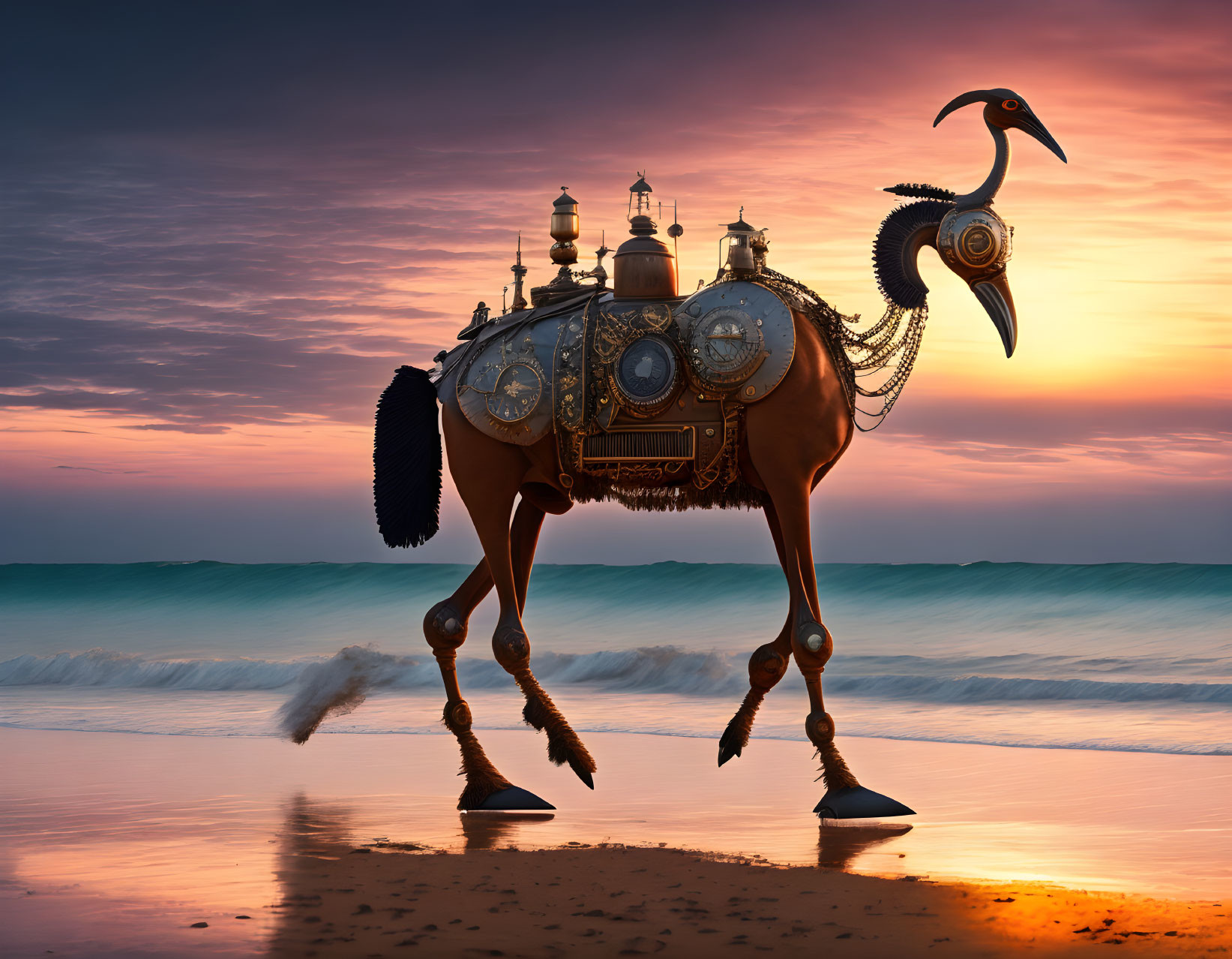 Steampunk-style mechanical horse with intricate gears by the seaside at sunset