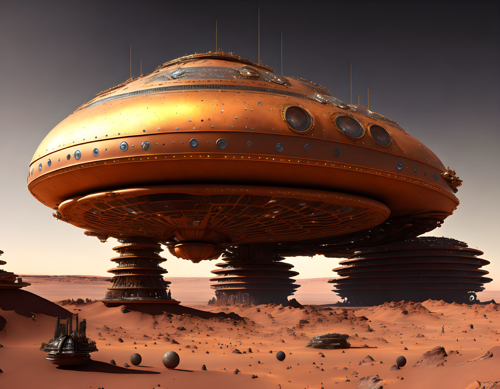 Futuristic orange spacecraft lands on desert terrain