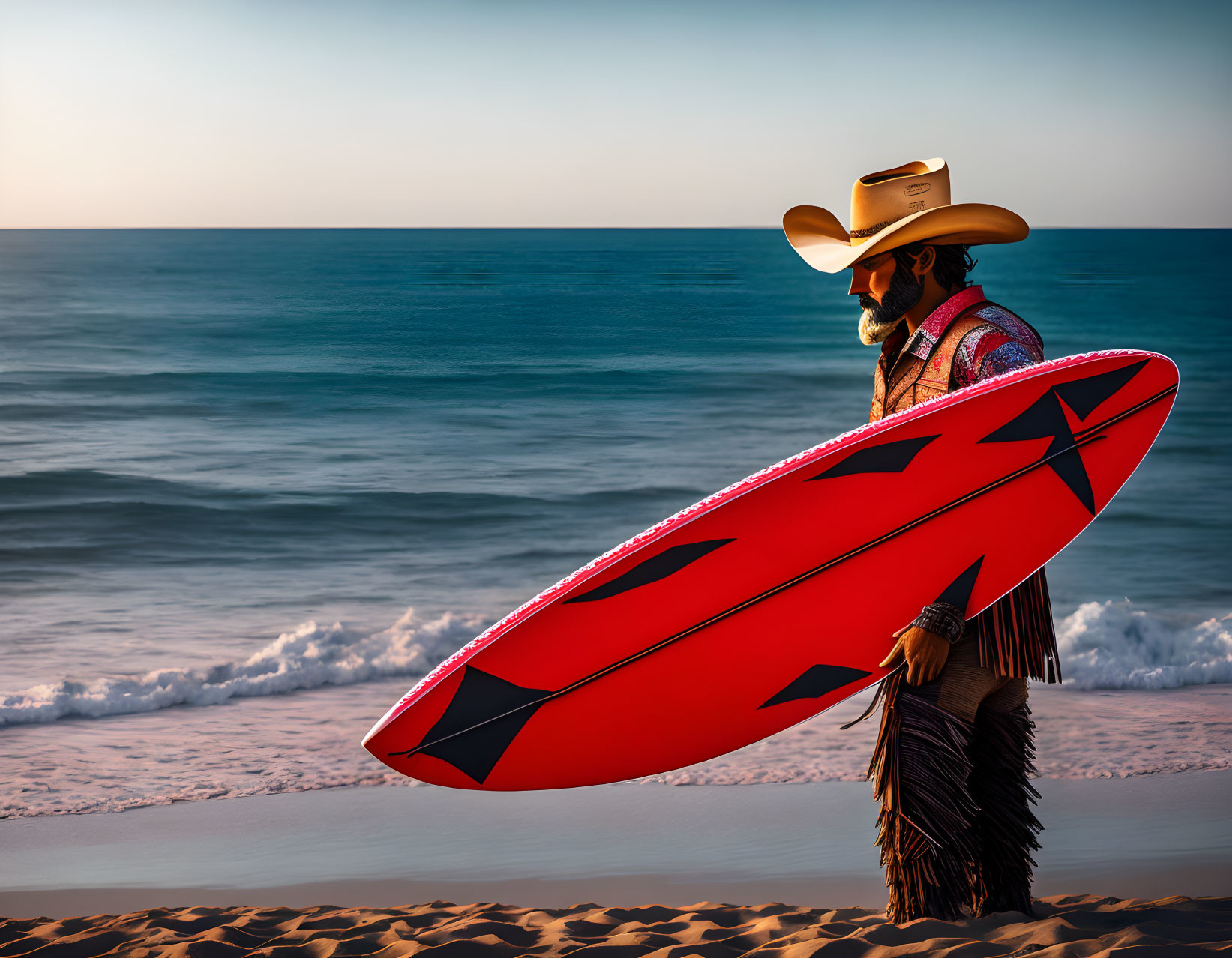 Cowboy hat person with red surfboard on sandy beach