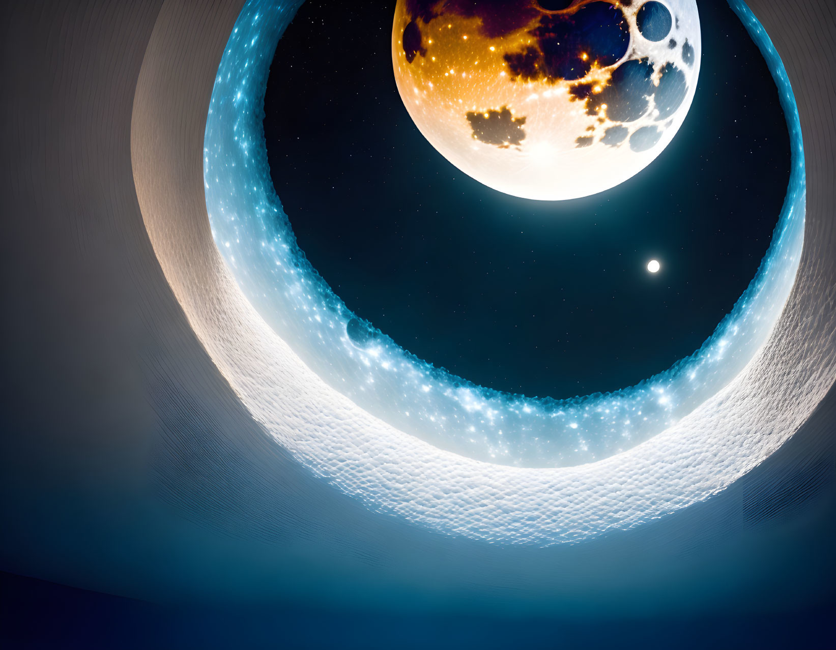 Futuristic space scene with ringed planet, moon, and distant star from planetary surface.