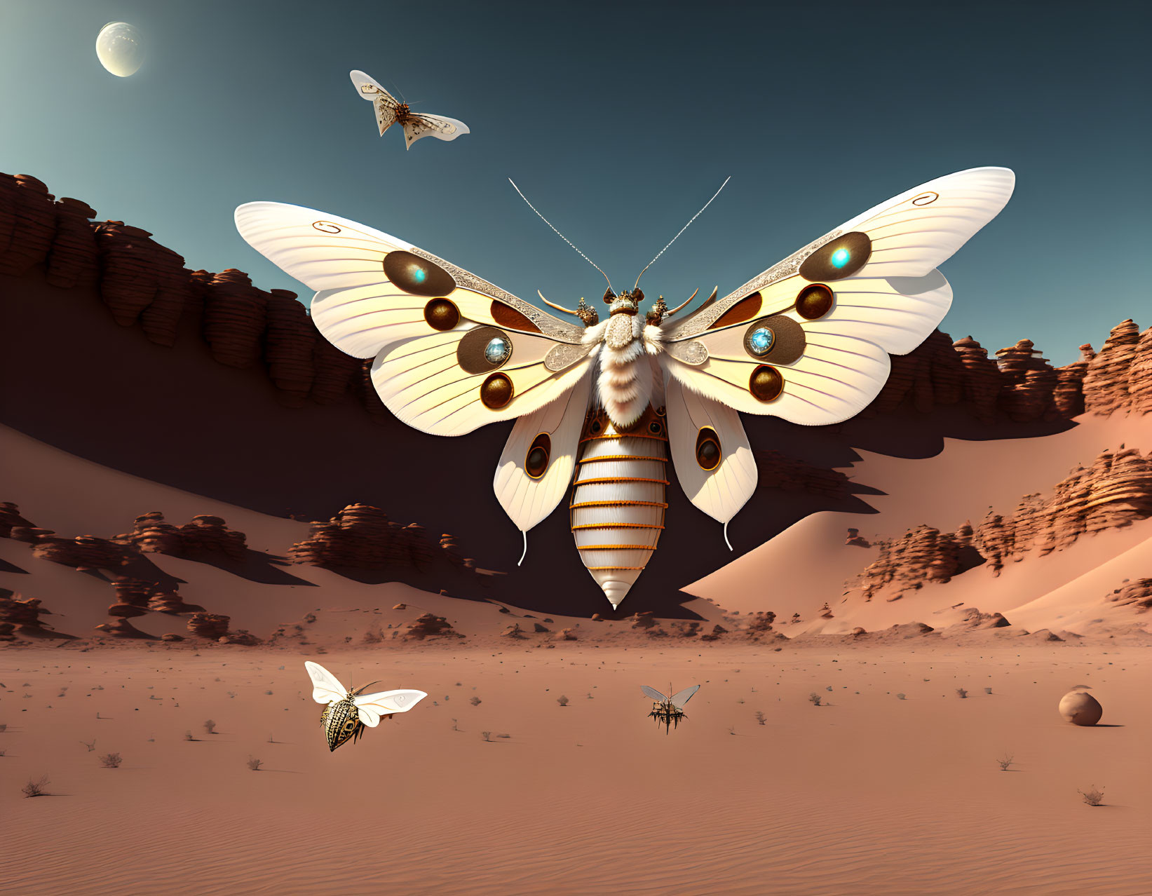 Surreal desert landscape with oversized butterflies and flying insect-like ships