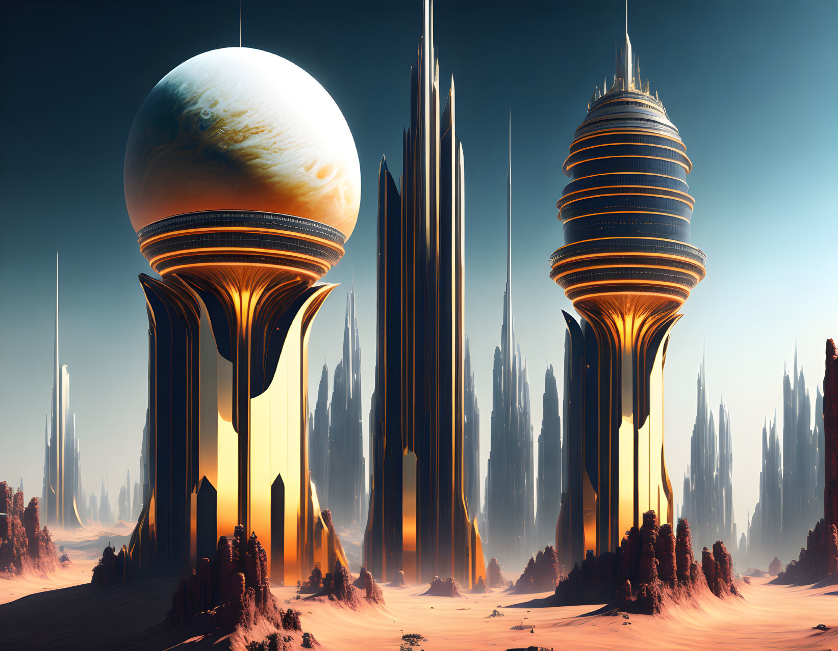 Futuristic cityscape with towering spires and Jupiter-like planet