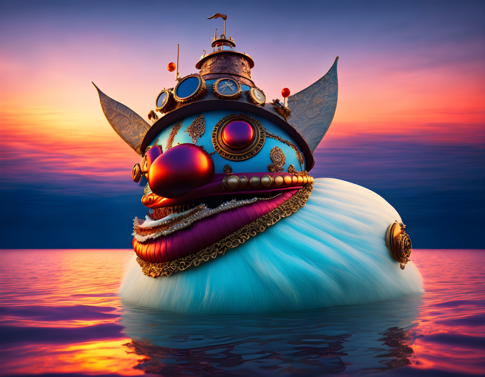 Colorful Boat with Face and Ornate Decorations on Tranquil Water at Sunset