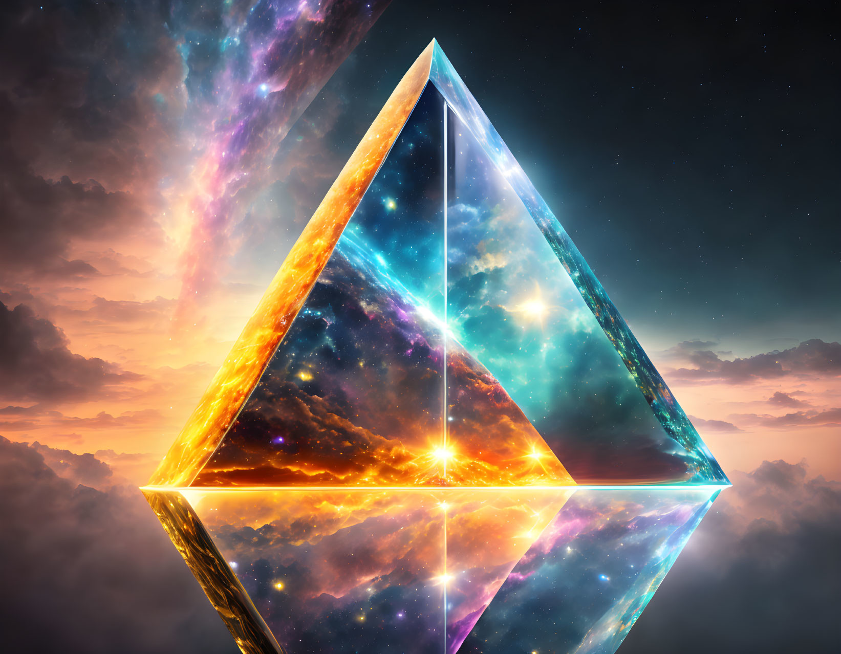 Transparent pyramid with cosmic starfields in vibrant outer space.