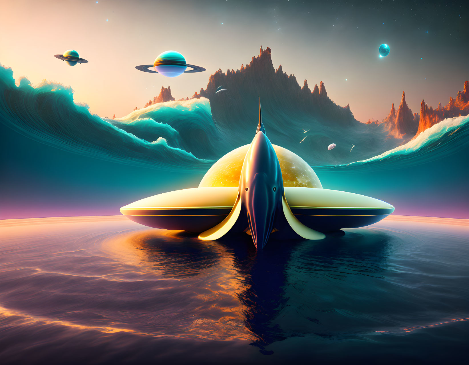 Vibrant sci-fi landscape with ocean, rocket structure, alien terrain, planets, and flying sa