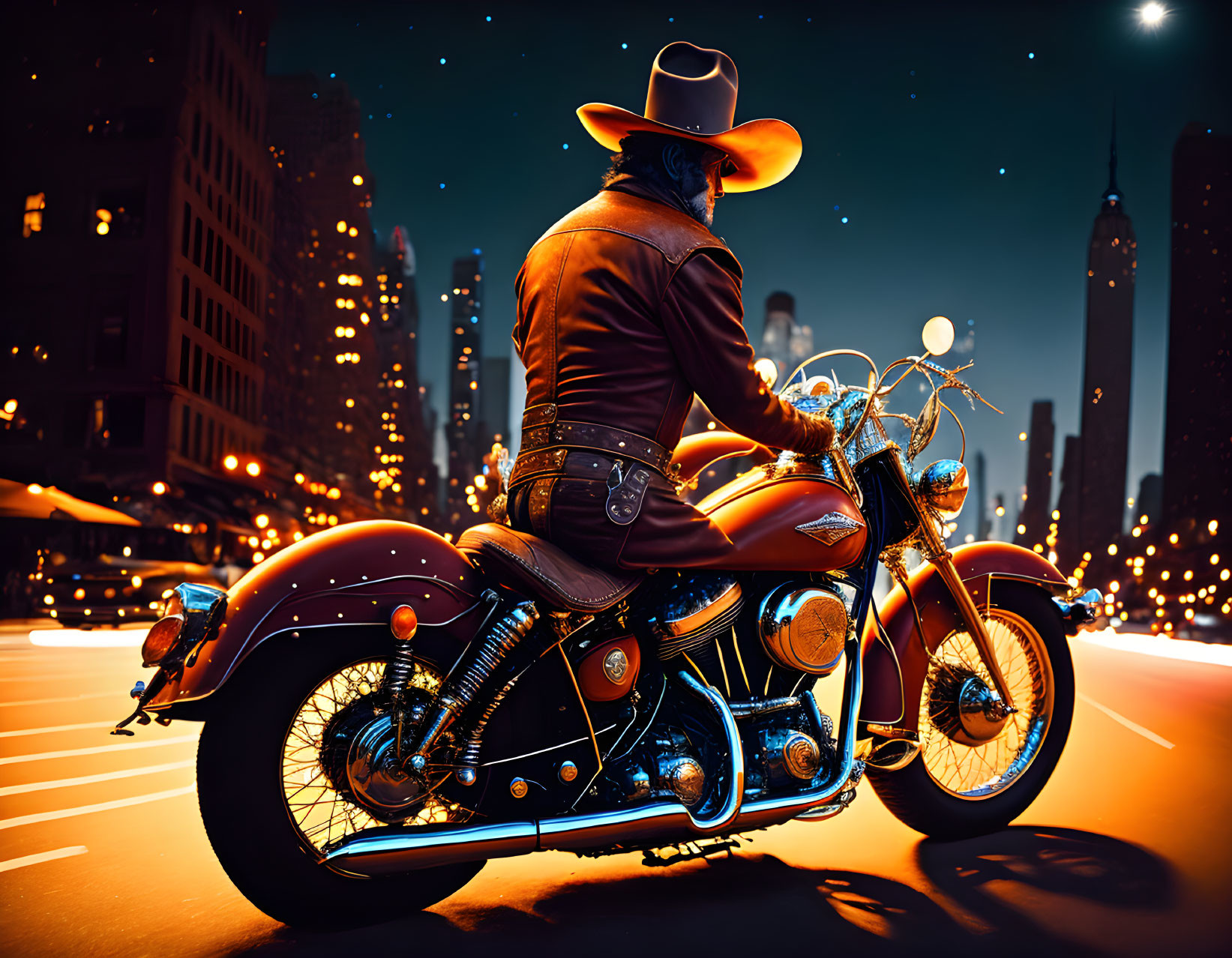 Cowboy hat-wearing person on classic motorcycle in urban night scene