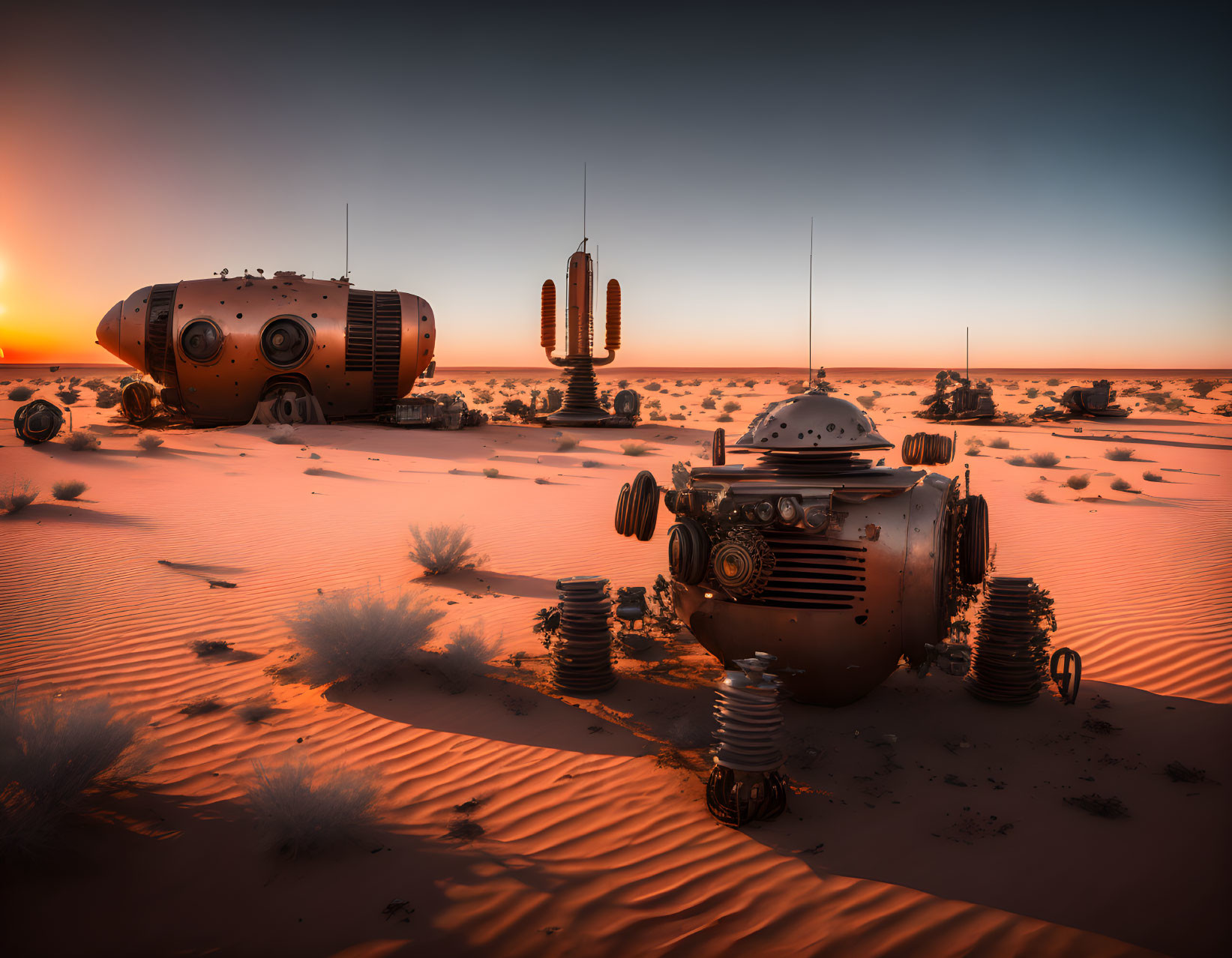 Futuristic desert landscape with robotic structures and crashed spaceship at sunset