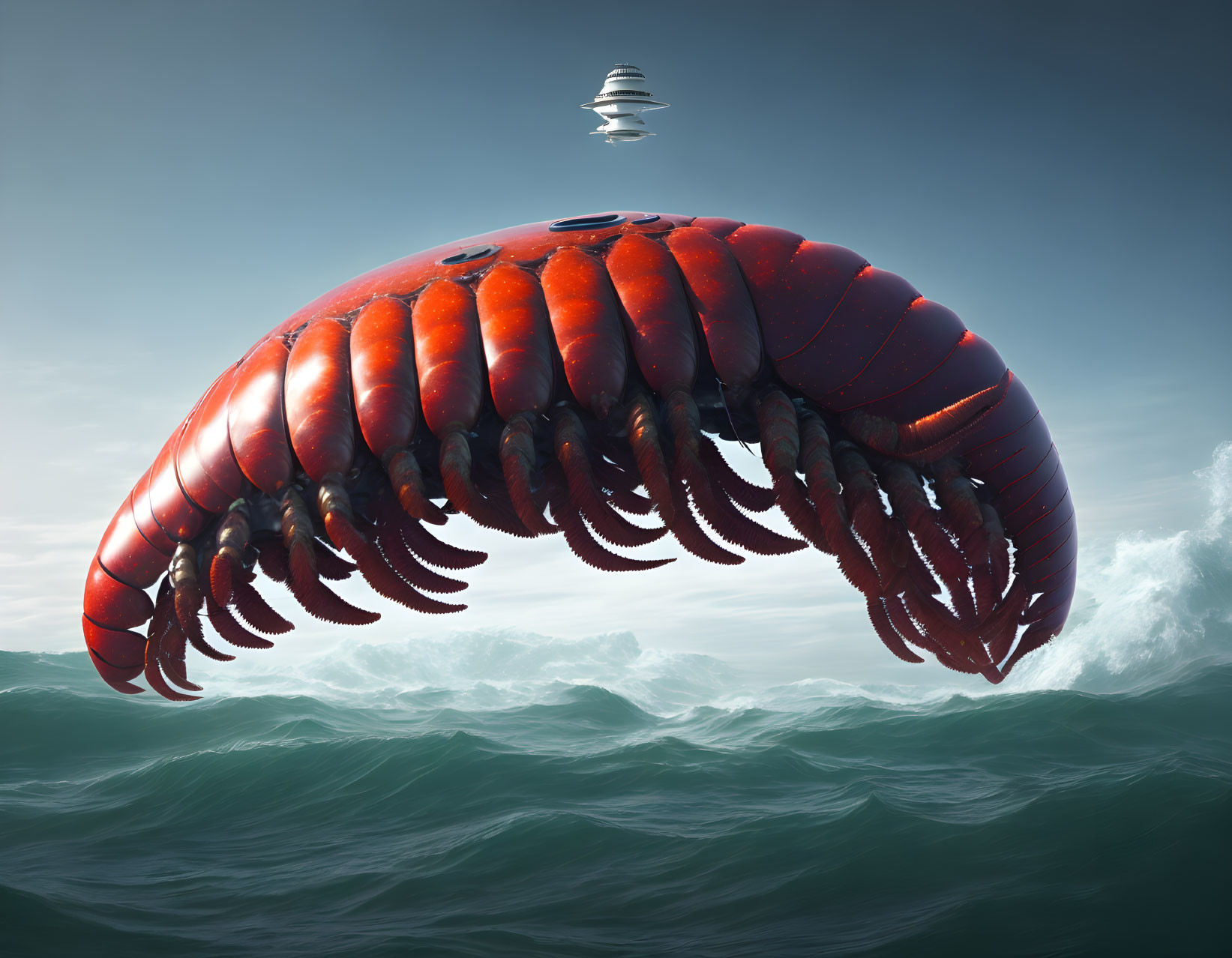 Digital artwork: Giant red lobster creature with lighthouse on shell