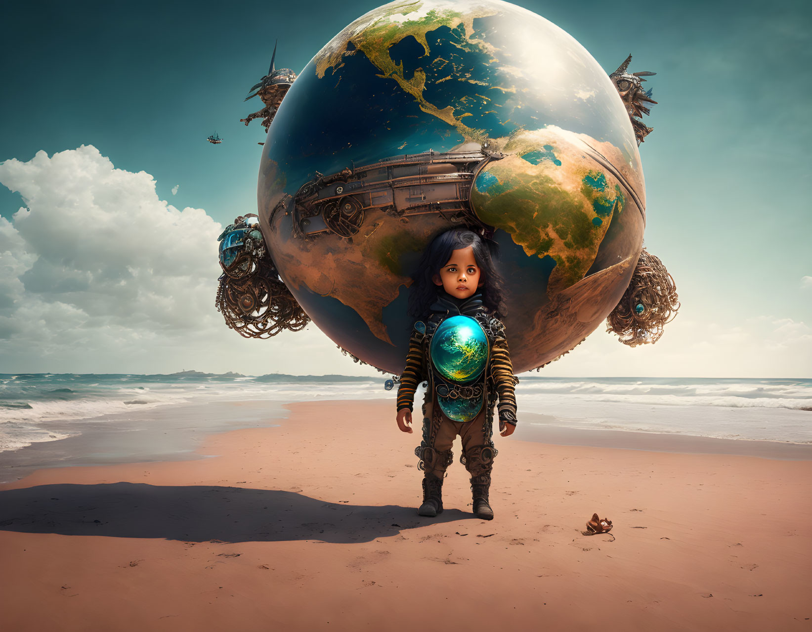 Child in spacesuit on beach with Earth and flying cities in sky