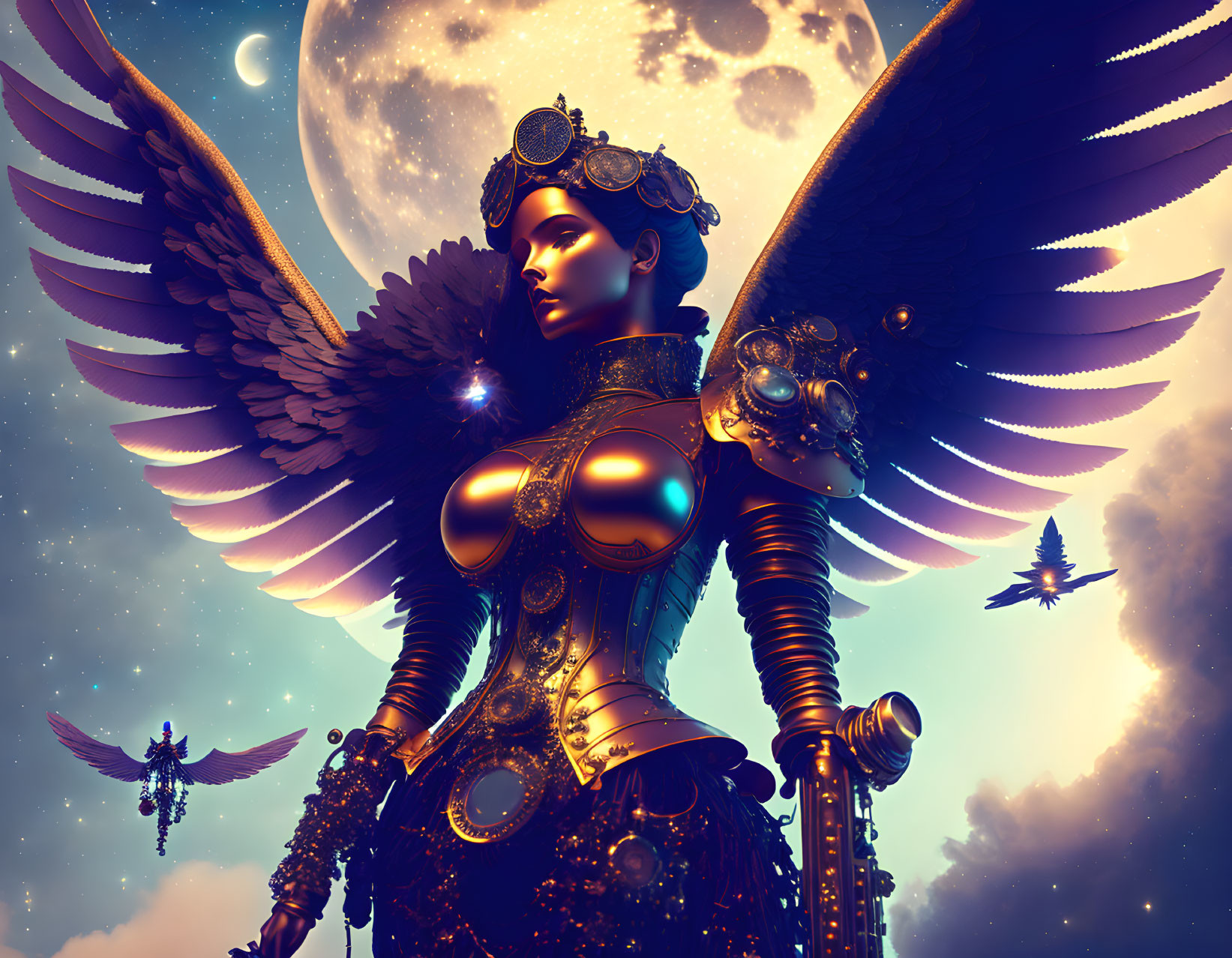 Winged robotic figure in ornate armor under twilight sky