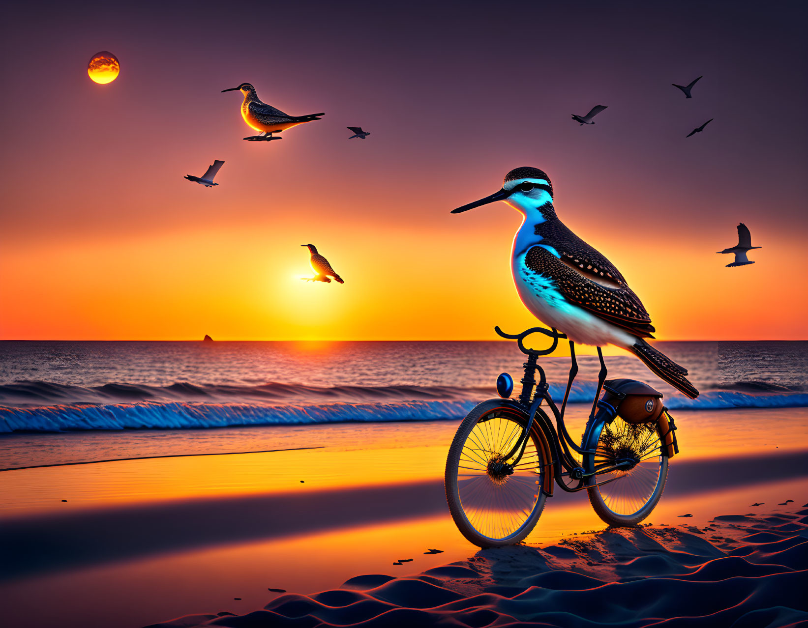 Stylized bird on bicycle at sunset beach with seagulls and sun setting