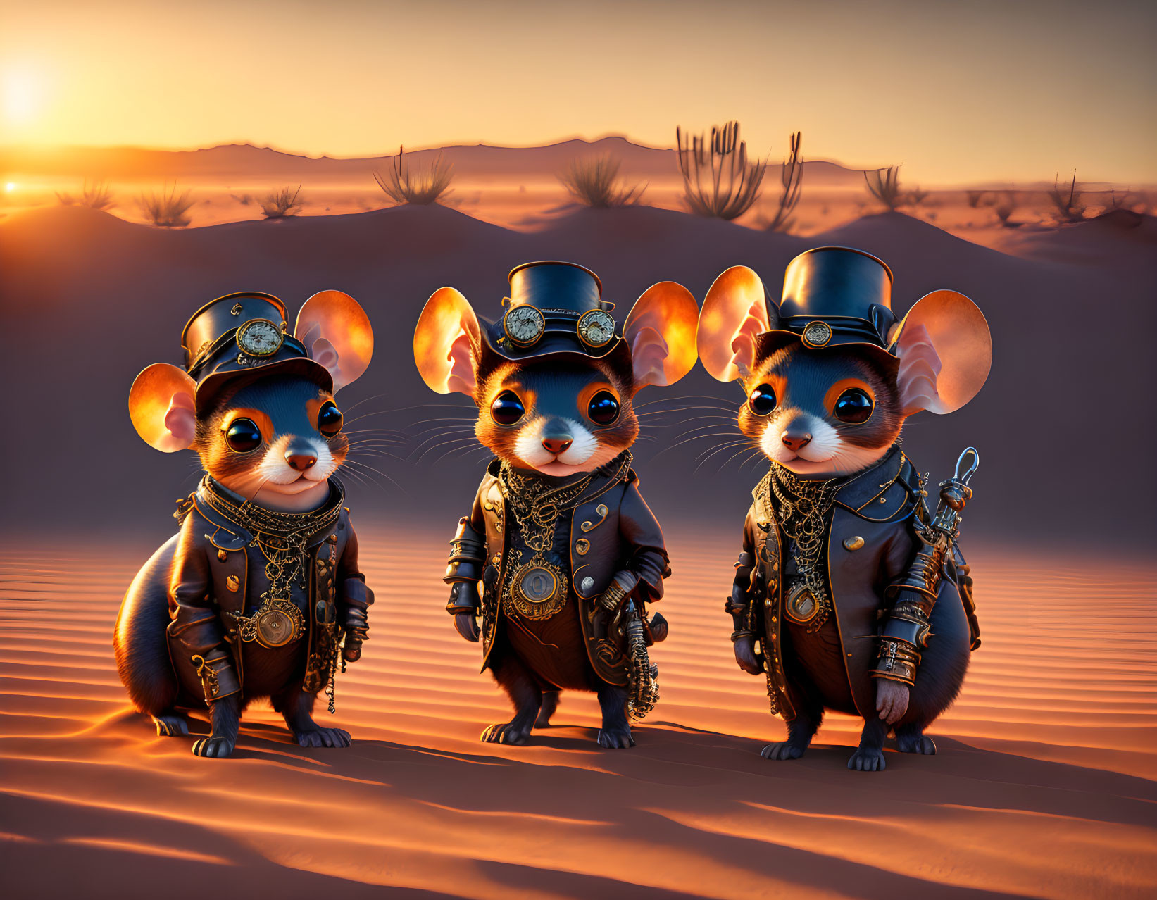 Steampunk-themed animated mice in desert sunset scene