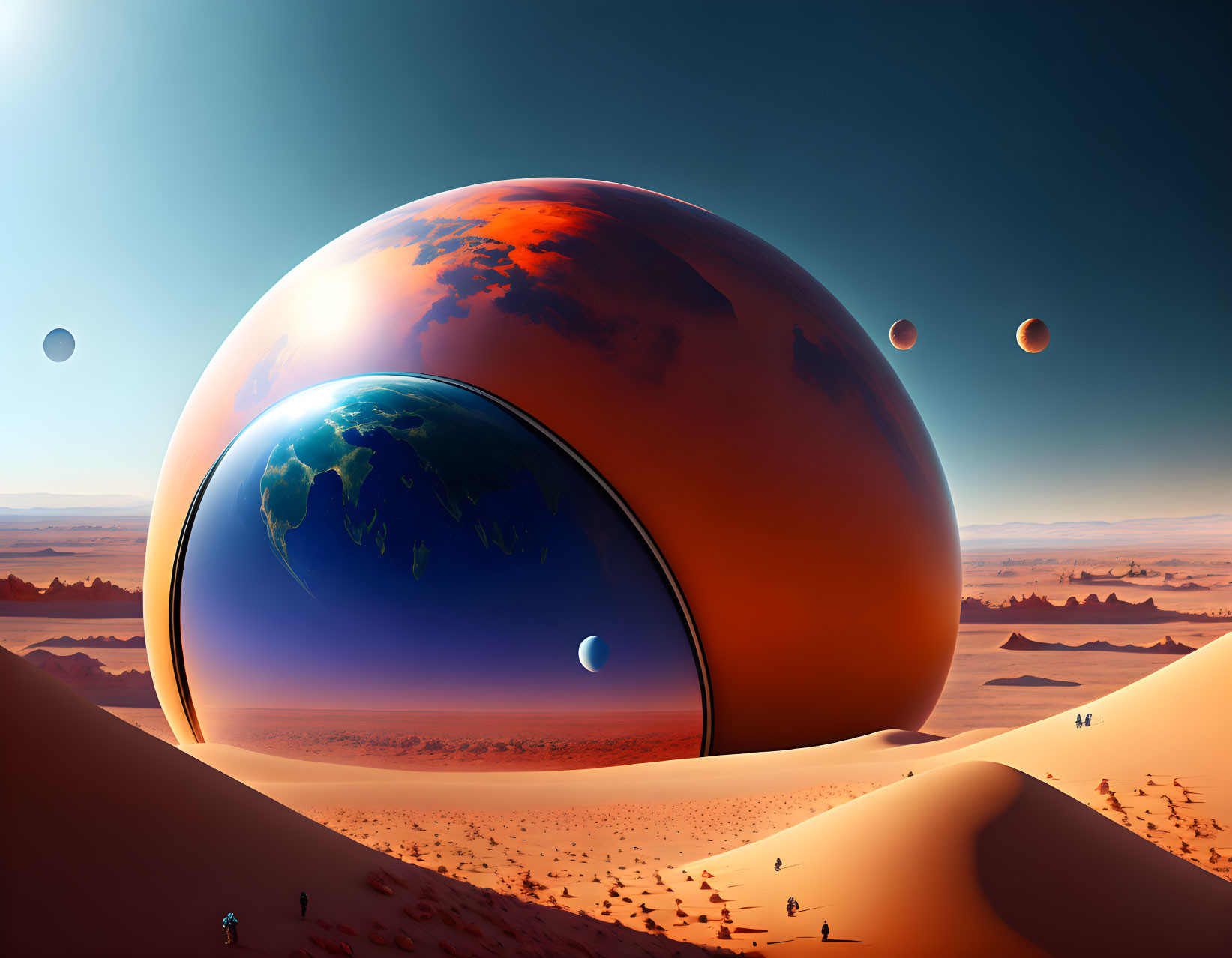 Colossal glossy sphere reflecting Earth in surreal alien landscape