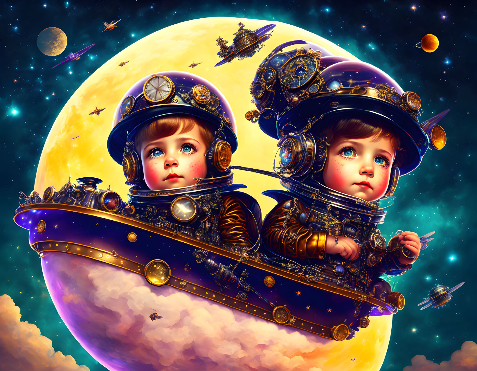 Steampunk-style astronaut children in front of luminous moon and spacecraft