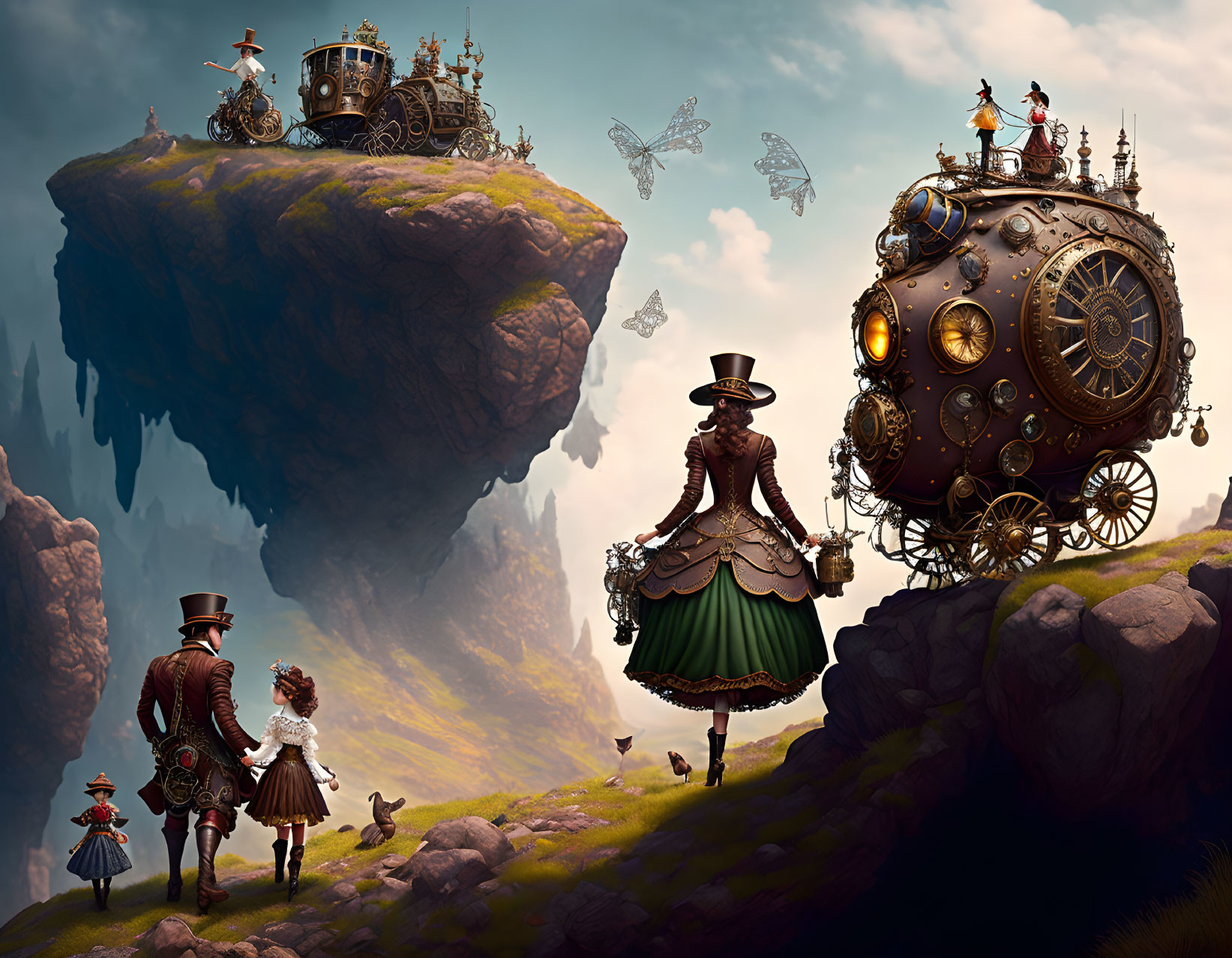 Steampunk scene: Floating islands, Victorian attire, flying machines, gear-laden vehicle