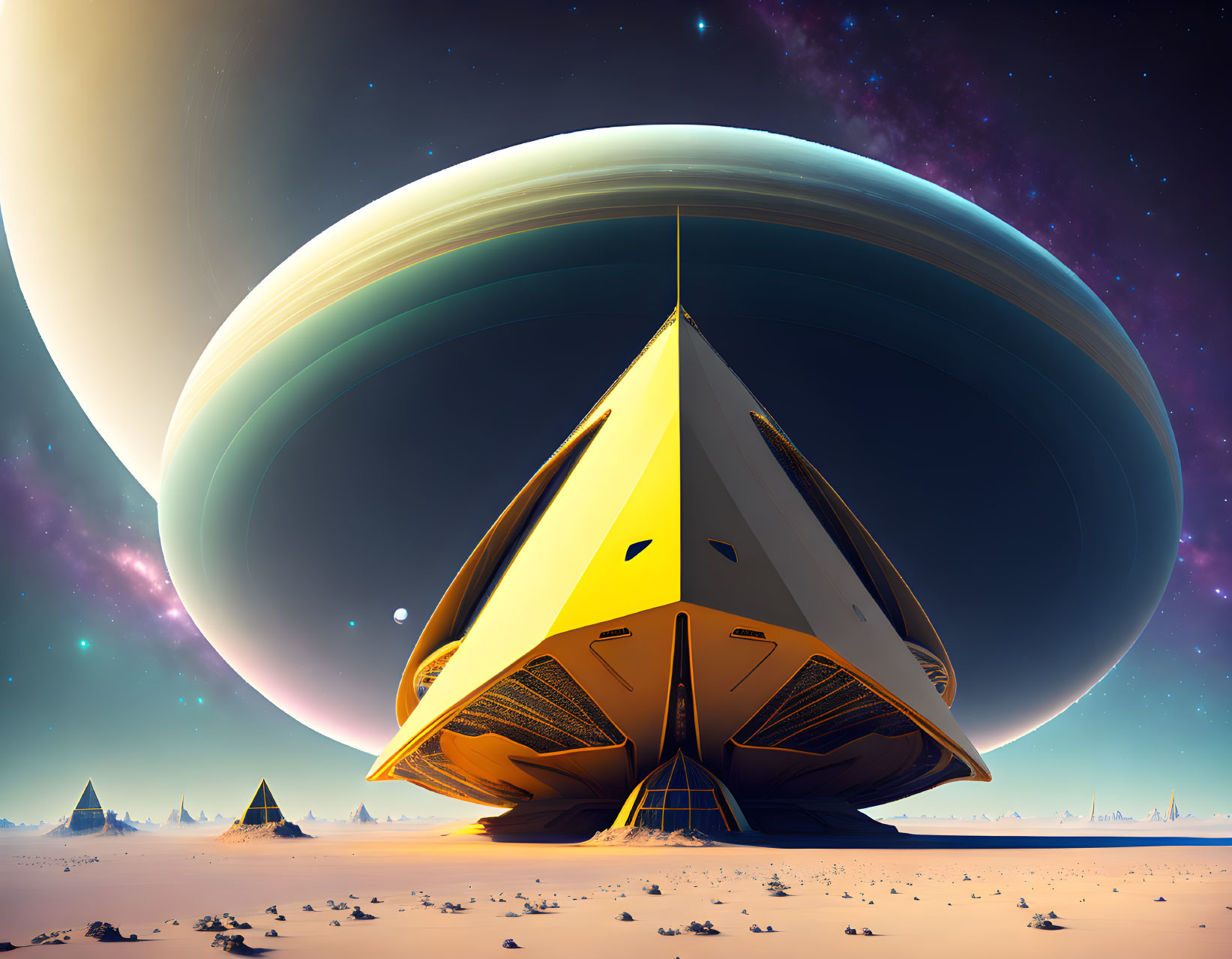 Futuristic pointed spaceship lands on desert alien planet