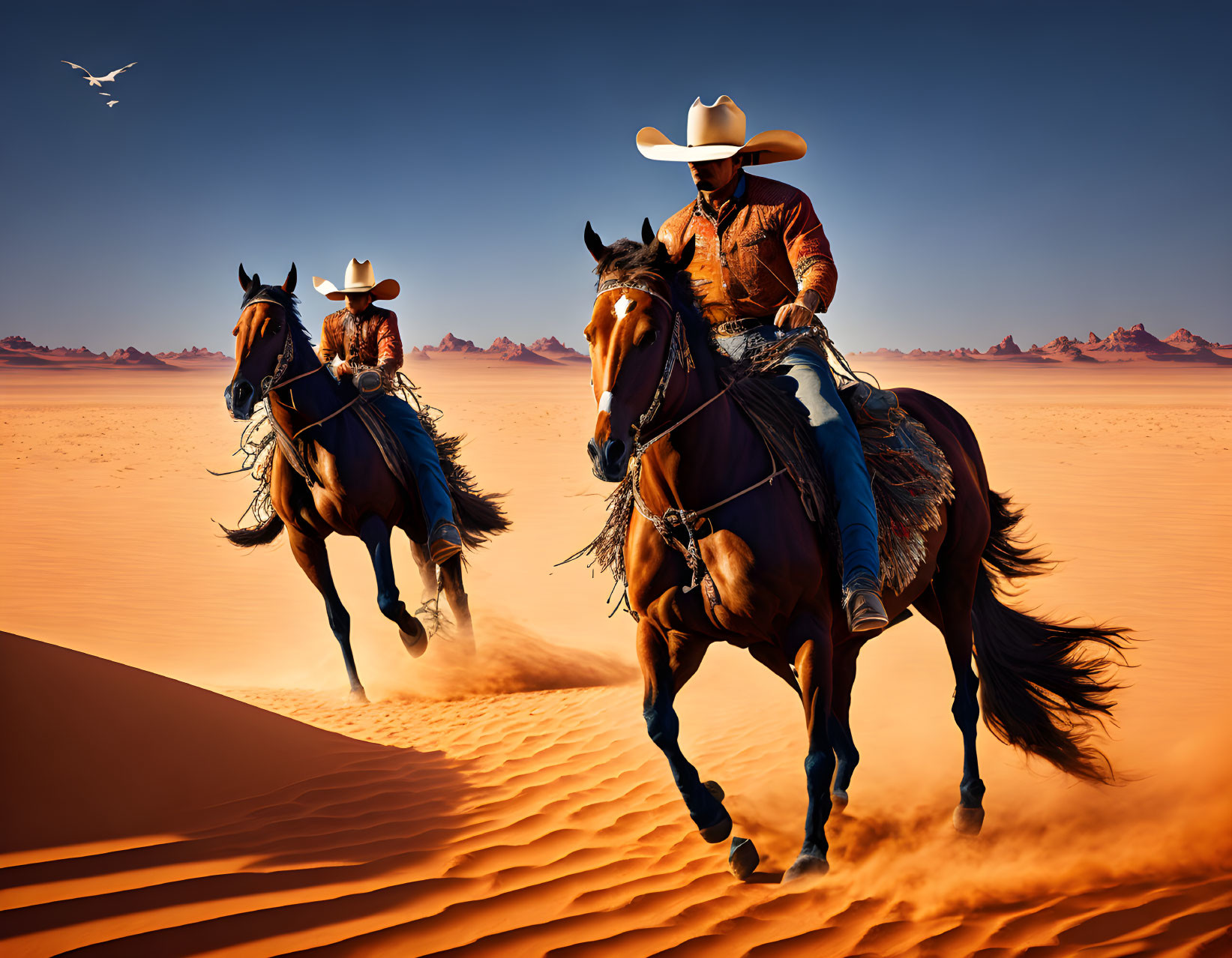 Cowboys on galloping horses in desert landscape with mountains and bird.