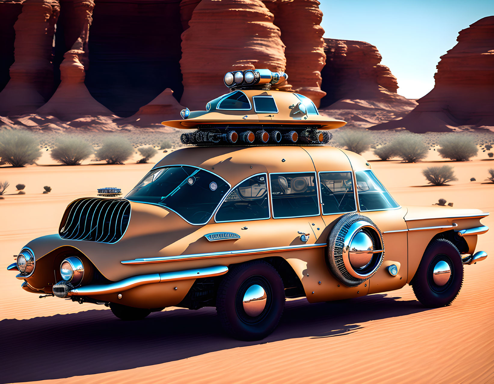 Retro-futuristic car with oversized wheels in desert landscape