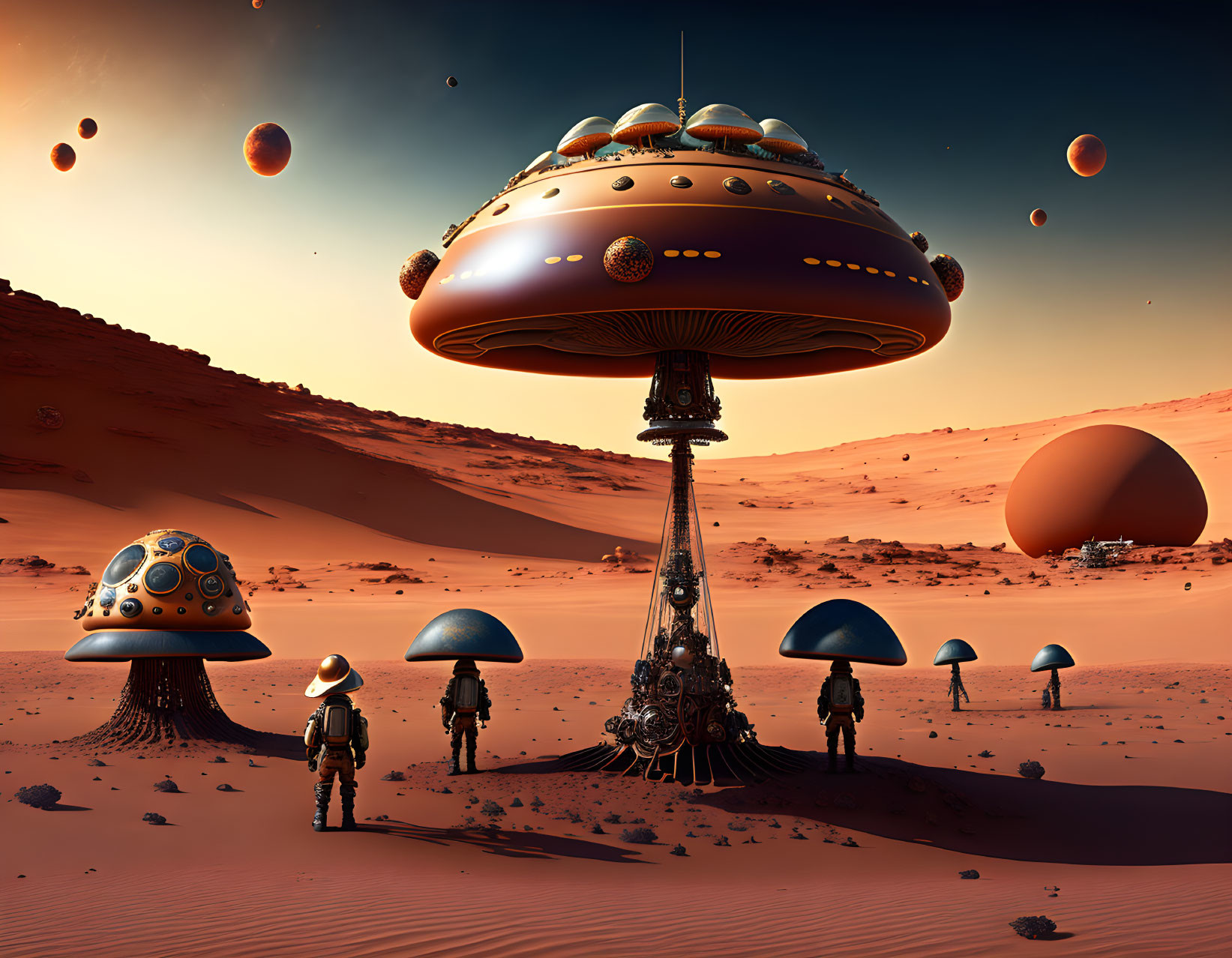 Alien planet sci-fi landscape with person, mushroom structures, spaceship