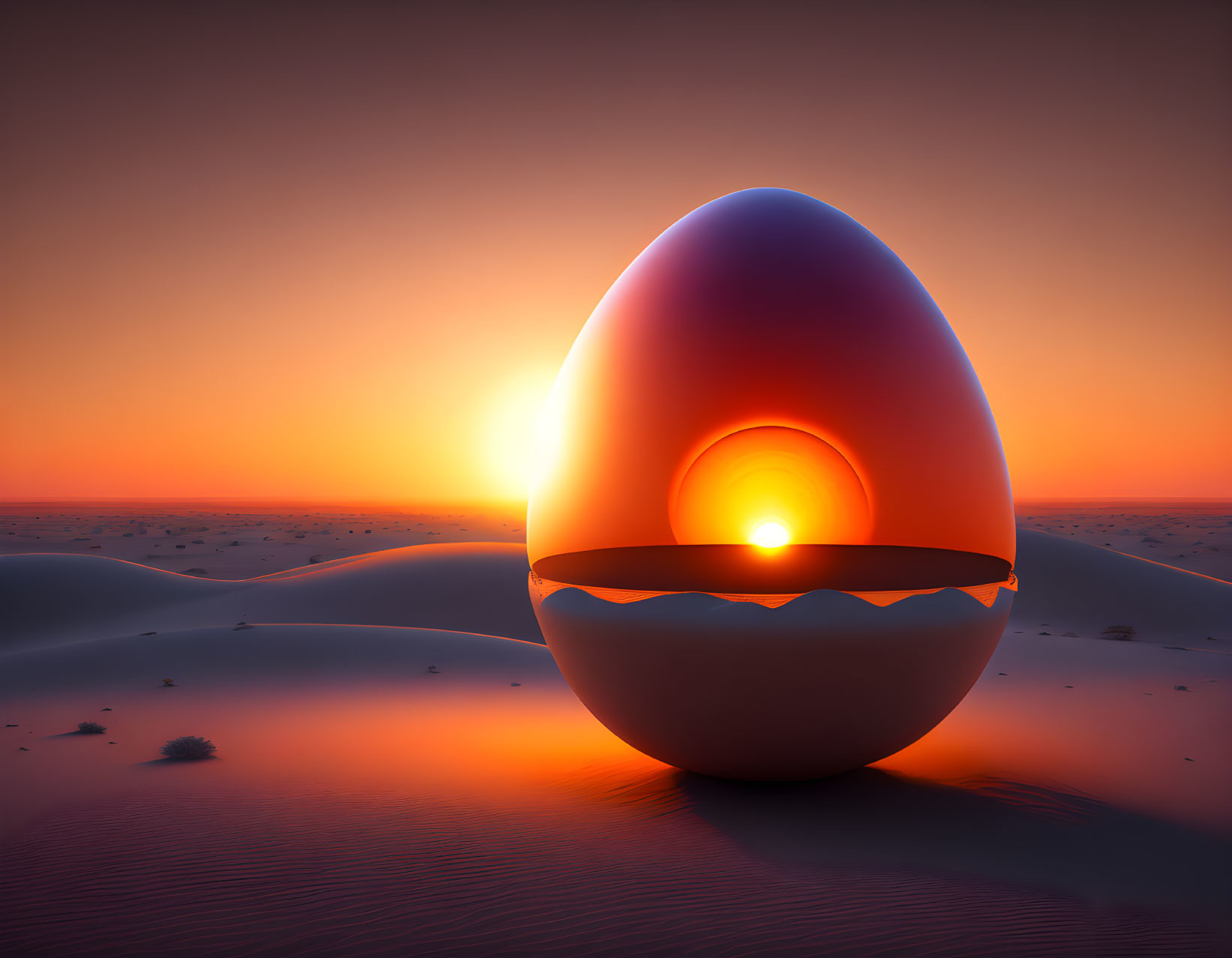 Giant glowing egg in desert at sunset with sand dunes