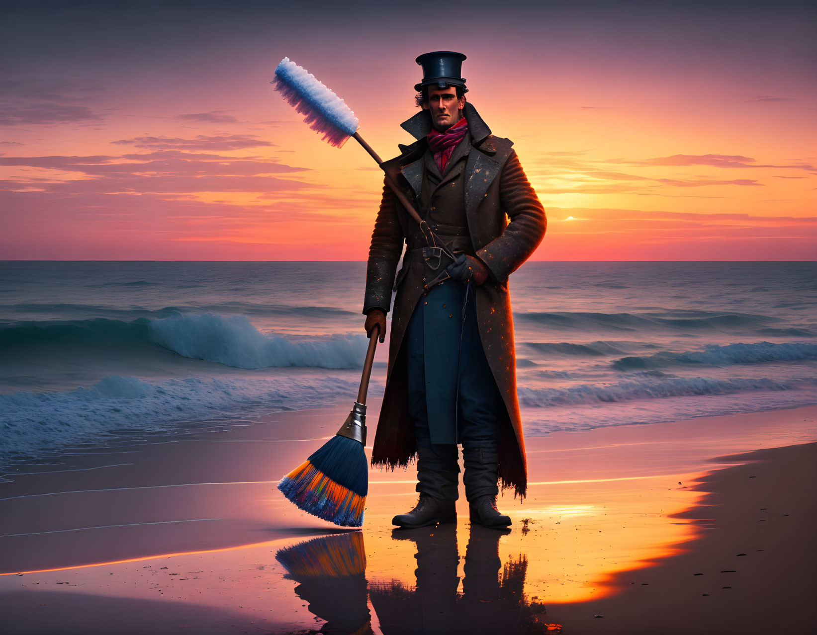 Man in 19th-Century Attire with Broom on Beach at Sunset