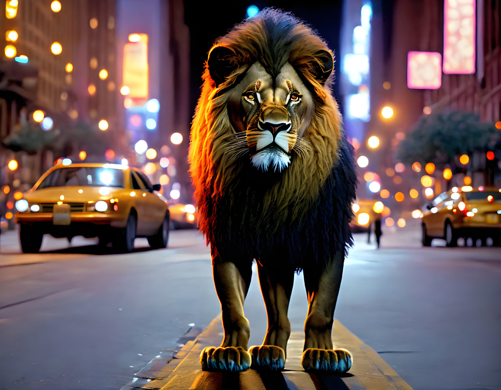 Majestic lion in city street at night with illuminated buildings