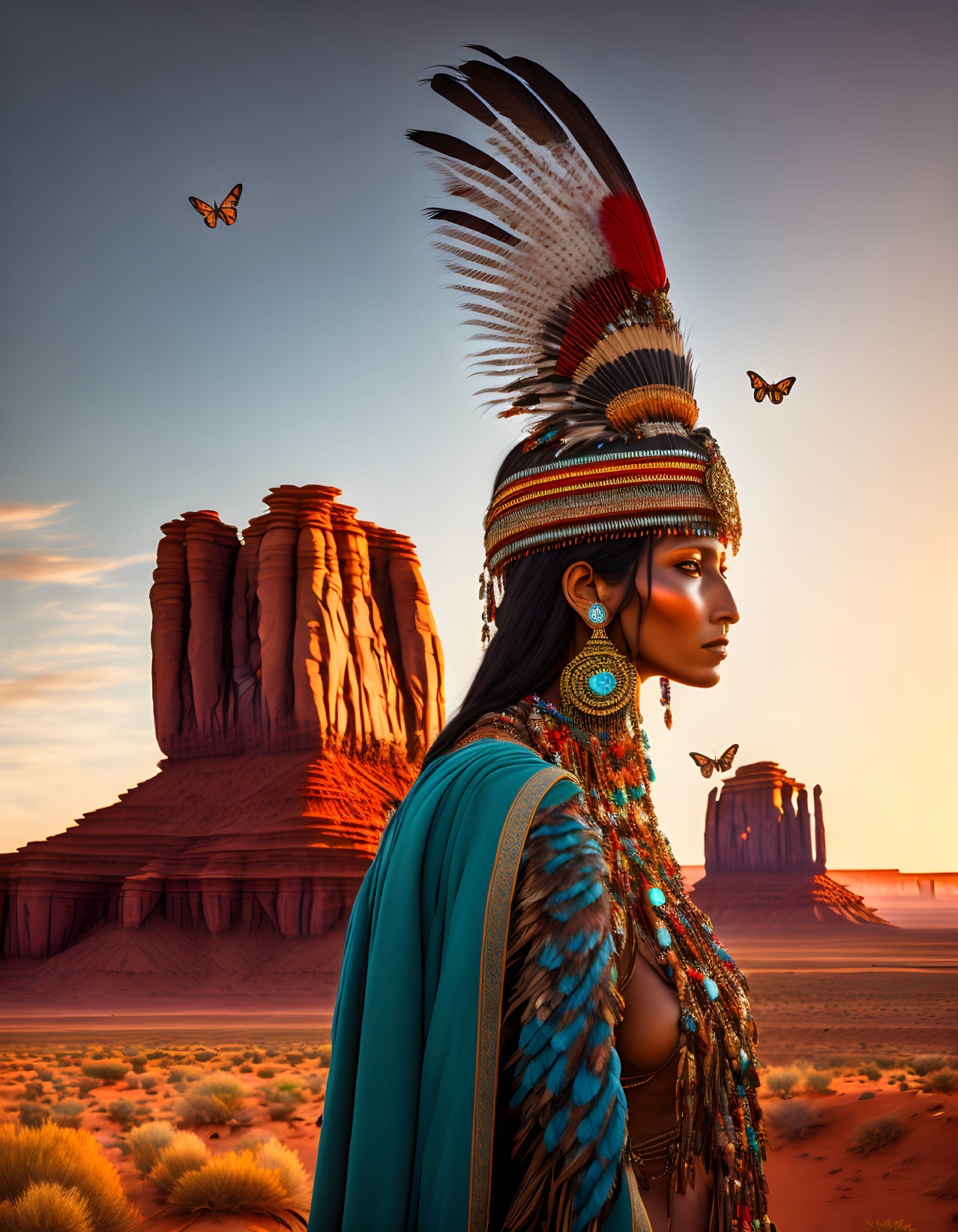 Digital artwork of person in Native American attire with feathered headdress, desert landscape, and butterflies.