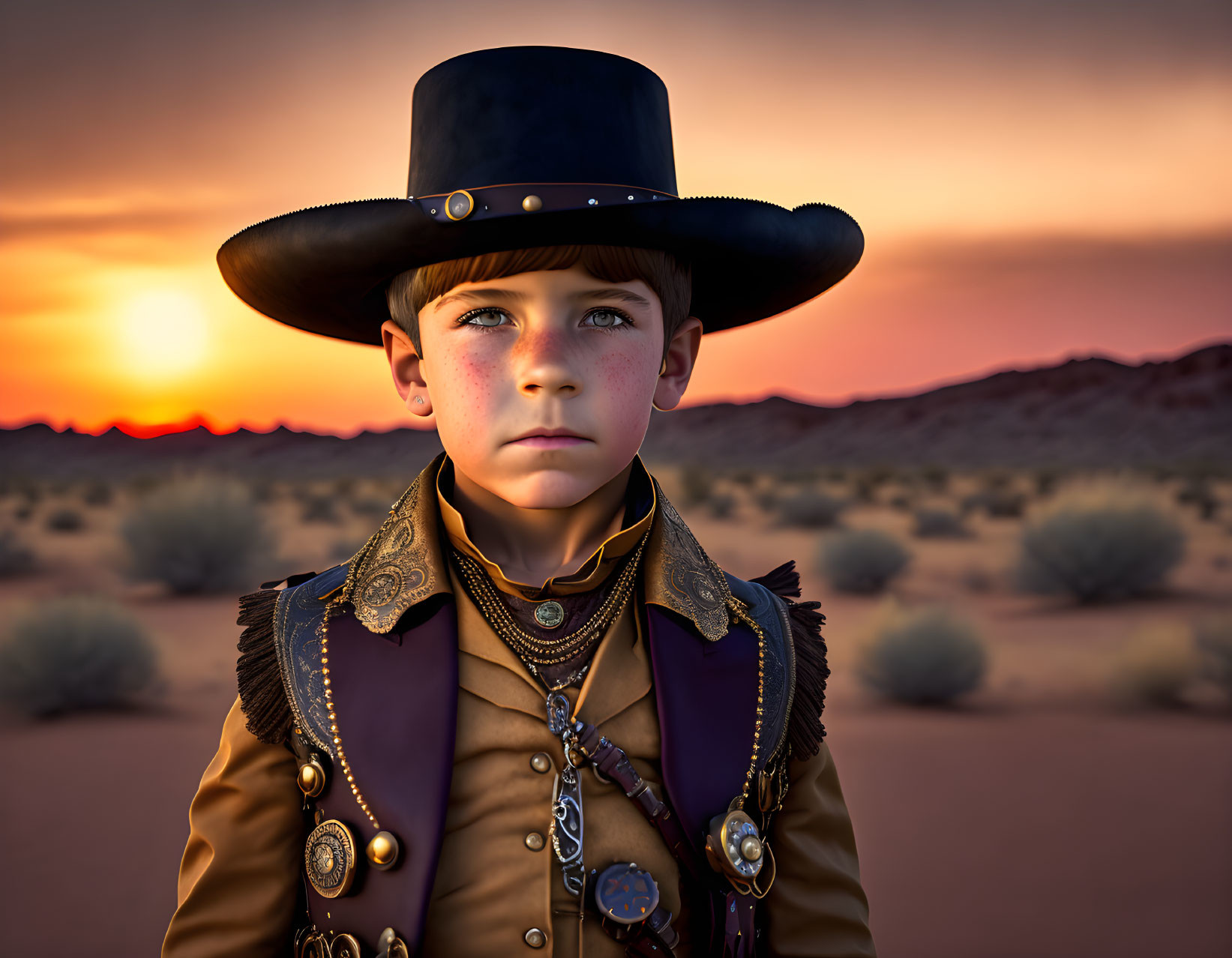 Young boy in cowboy attire standing in desert at sunset