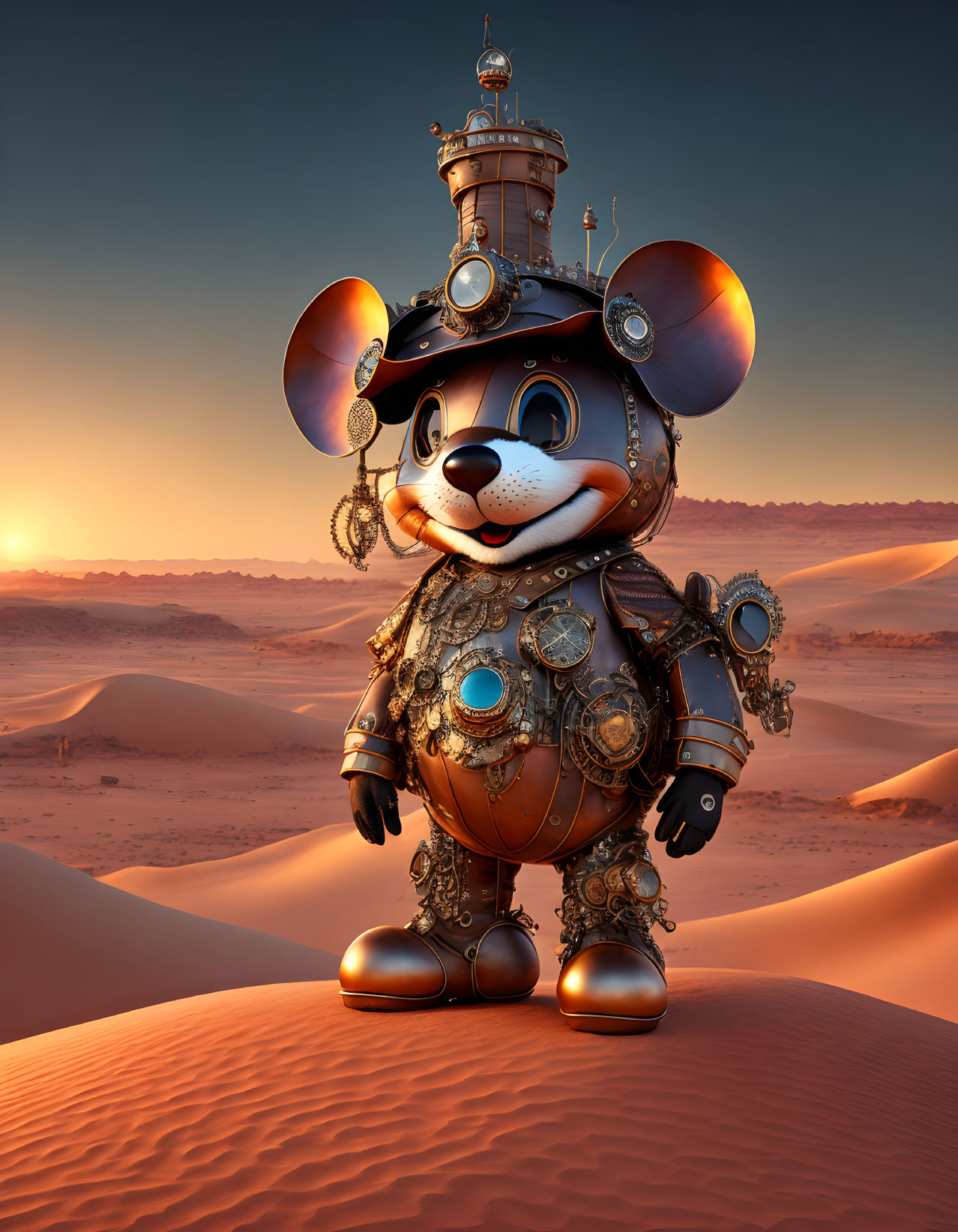 Steampunk-style Mickey Mouse in desert sunset with metal gears