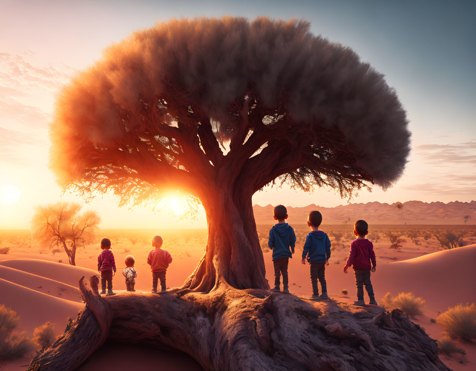 Children admiring sunset under desert tree