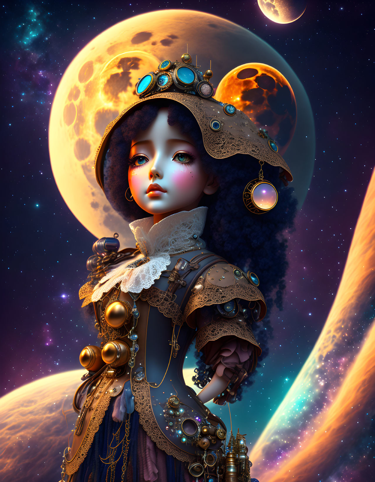 Steampunk-inspired female character with futuristic hat in cosmic setting