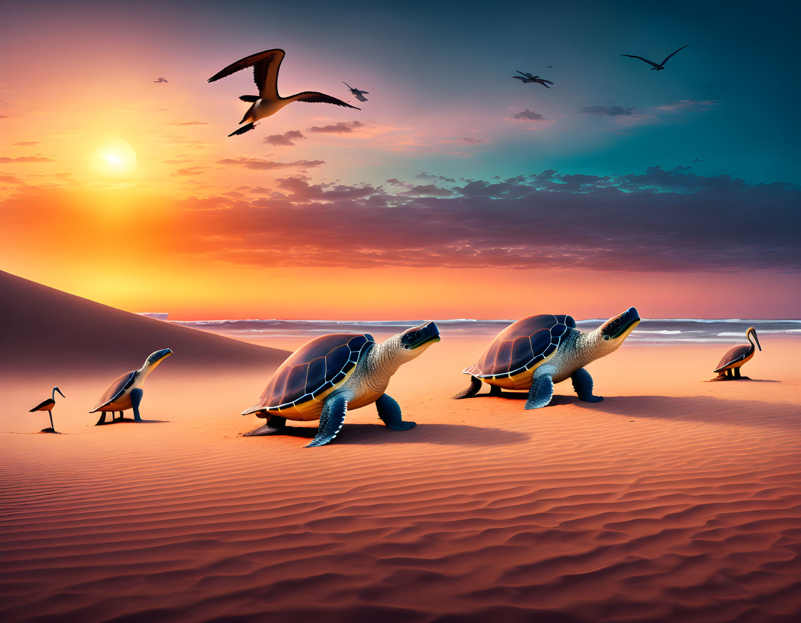 Turtles, birds, and penguins in a sunset beach scene