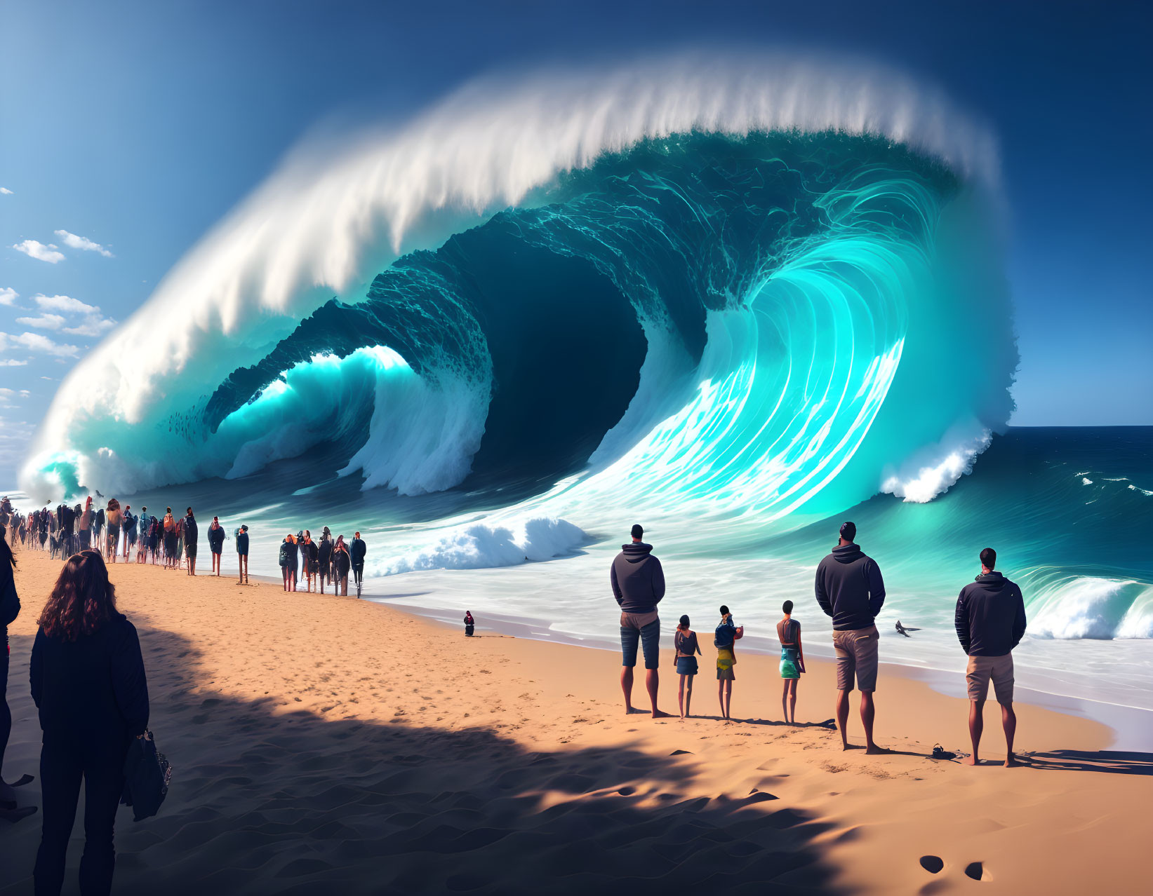 Massive towering wave with luminous blue core observed on beach.