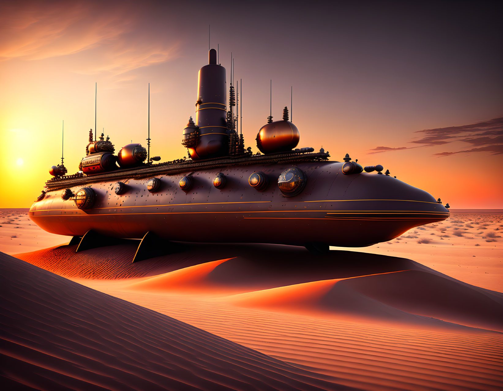 Futuristic submarine-like vehicle in desert with rolling dunes