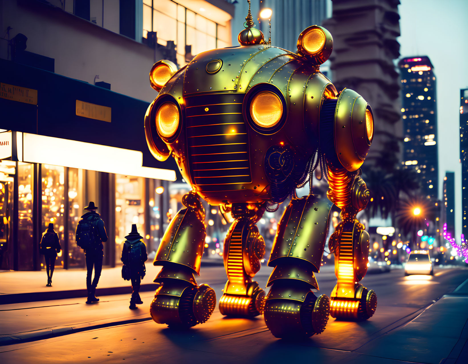 Giant illuminated robot walking in city street at dusk